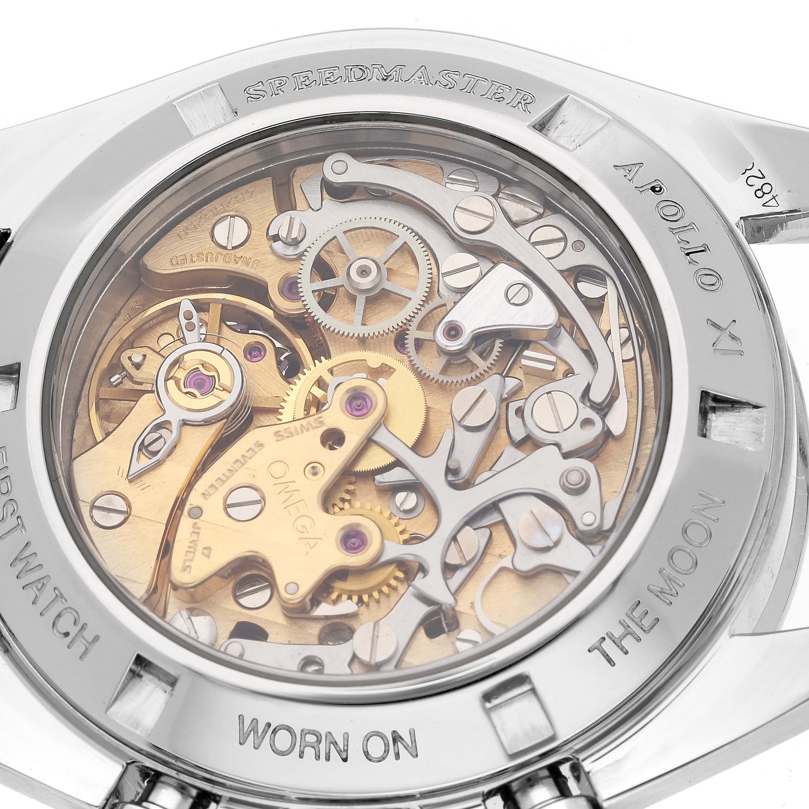 This image shows the back case and complex internal mechanism of an Omega Speedmaster 3592.50.00 Men
s Stainless Steel Black Dial 3592.50.00 Men
s Stainless Steel Black Dial watch.