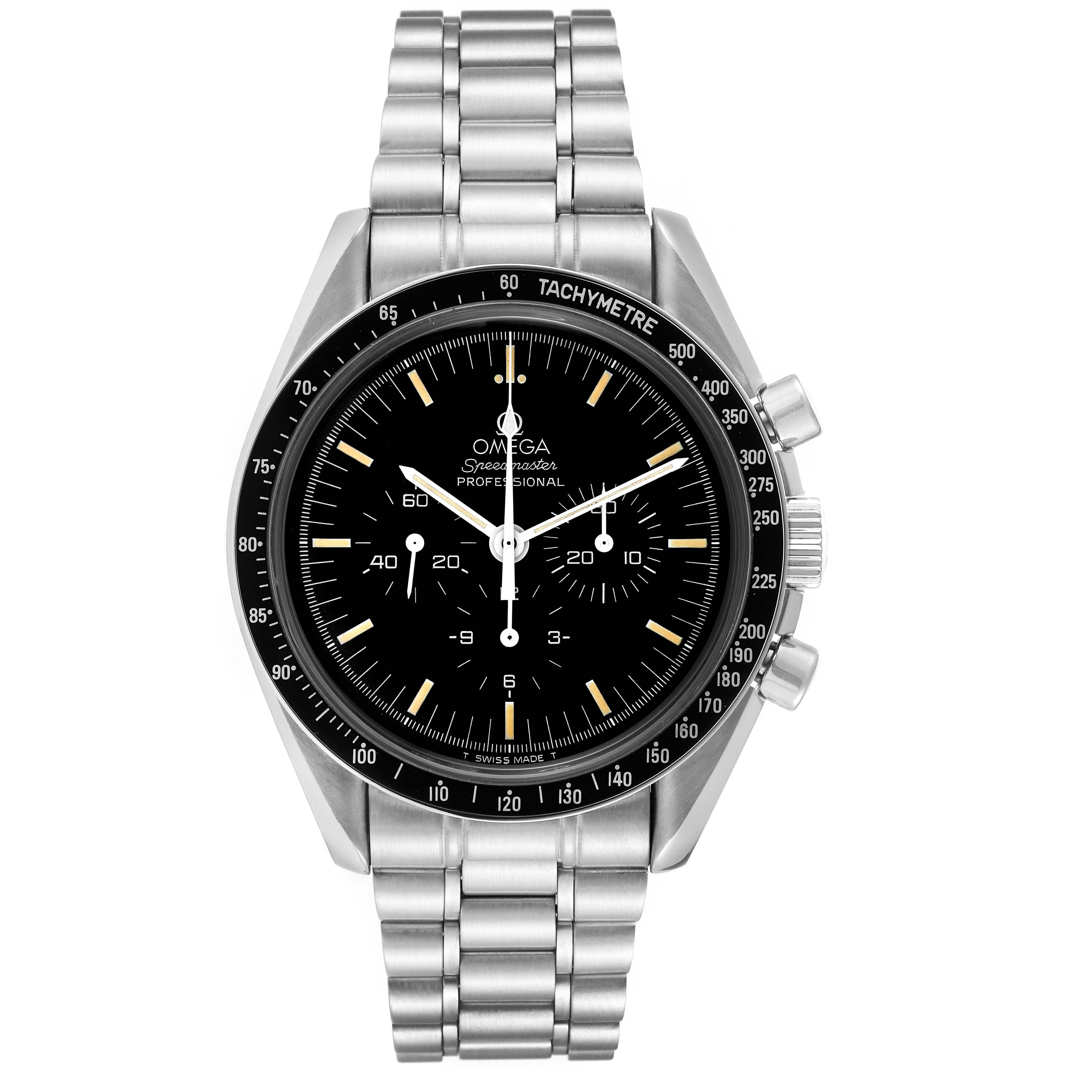 This image shows a front view of an Omega Speedmaster 3592.50.00 Men
s Stainless Steel Black Dial 3592.50.00 Men
s Stainless Steel Black Dial watch displaying the dial, case, and bracelet.