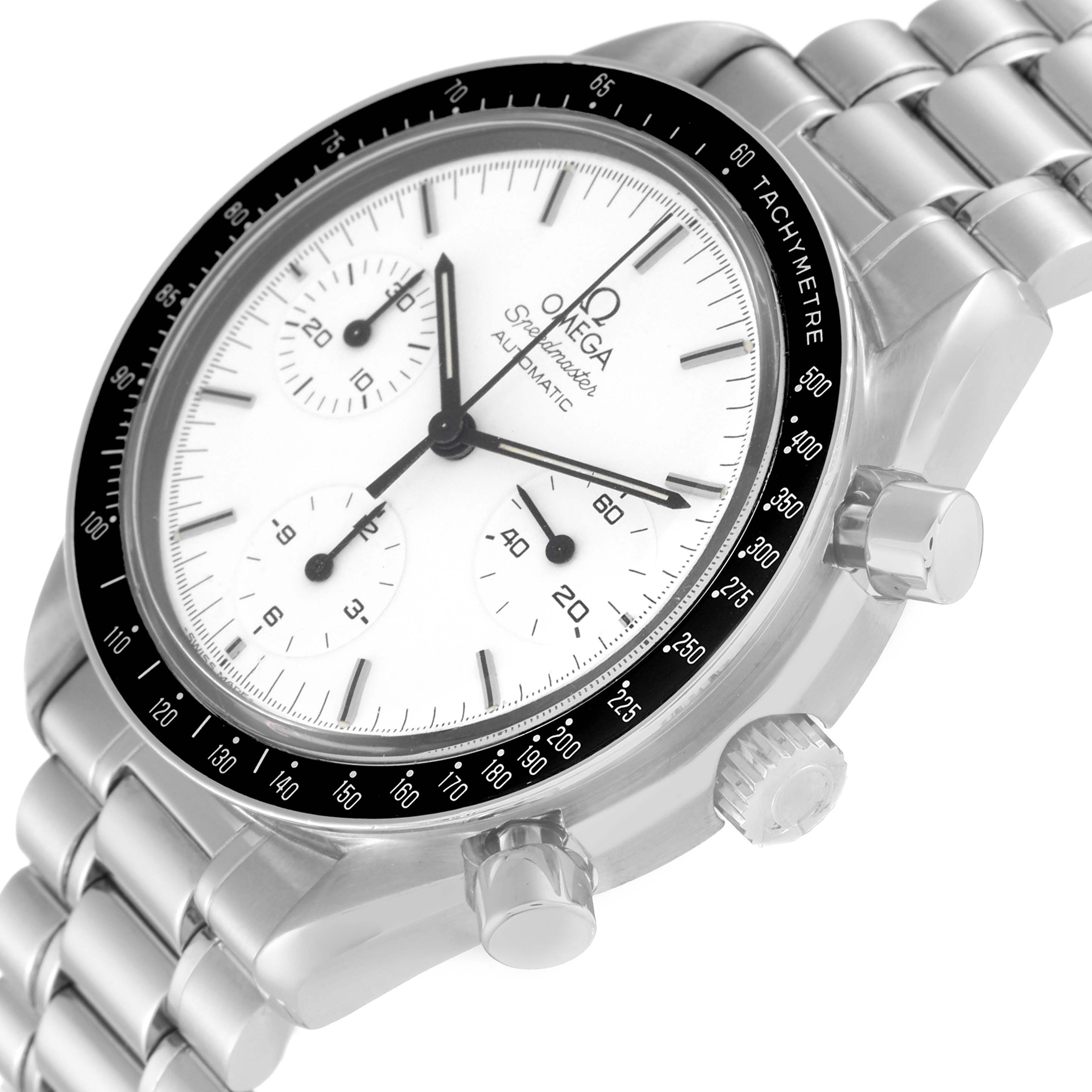The image shows an Omega Speedmaster 3510.20.00 Men
s Stainless Steel White Dial 3510.20.00 Men
s Stainless Steel White Dial watch at a slight angle, highlighting the face, chronograph dials, tachymeter bezel, and metal bracelet.