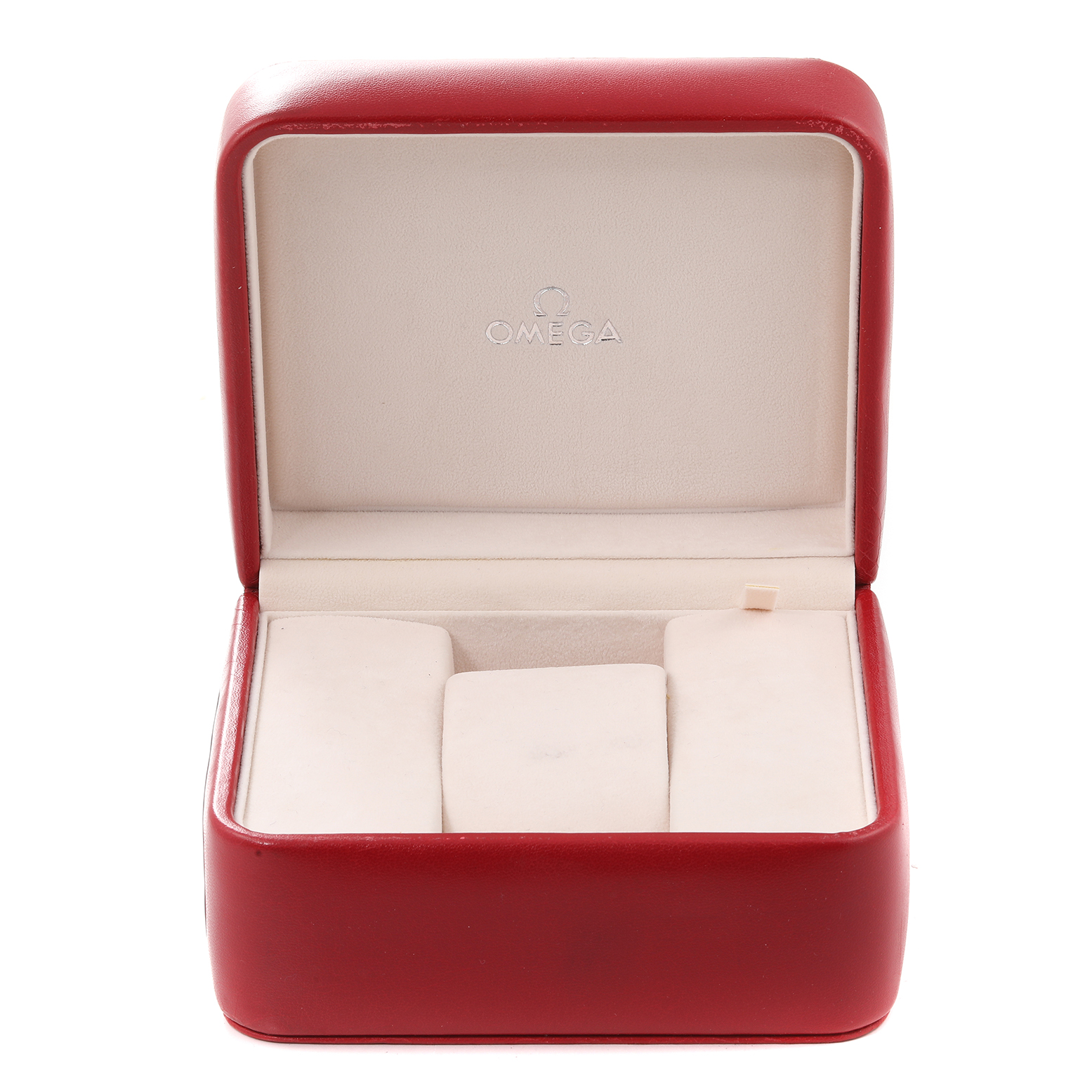 An Omega Speedmaster 3510.20.00 Men
s Stainless Steel White Dial 3510.20.00 Men
s Stainless Steel White Dial watch box is shown open from the front, revealing its interior compartments.