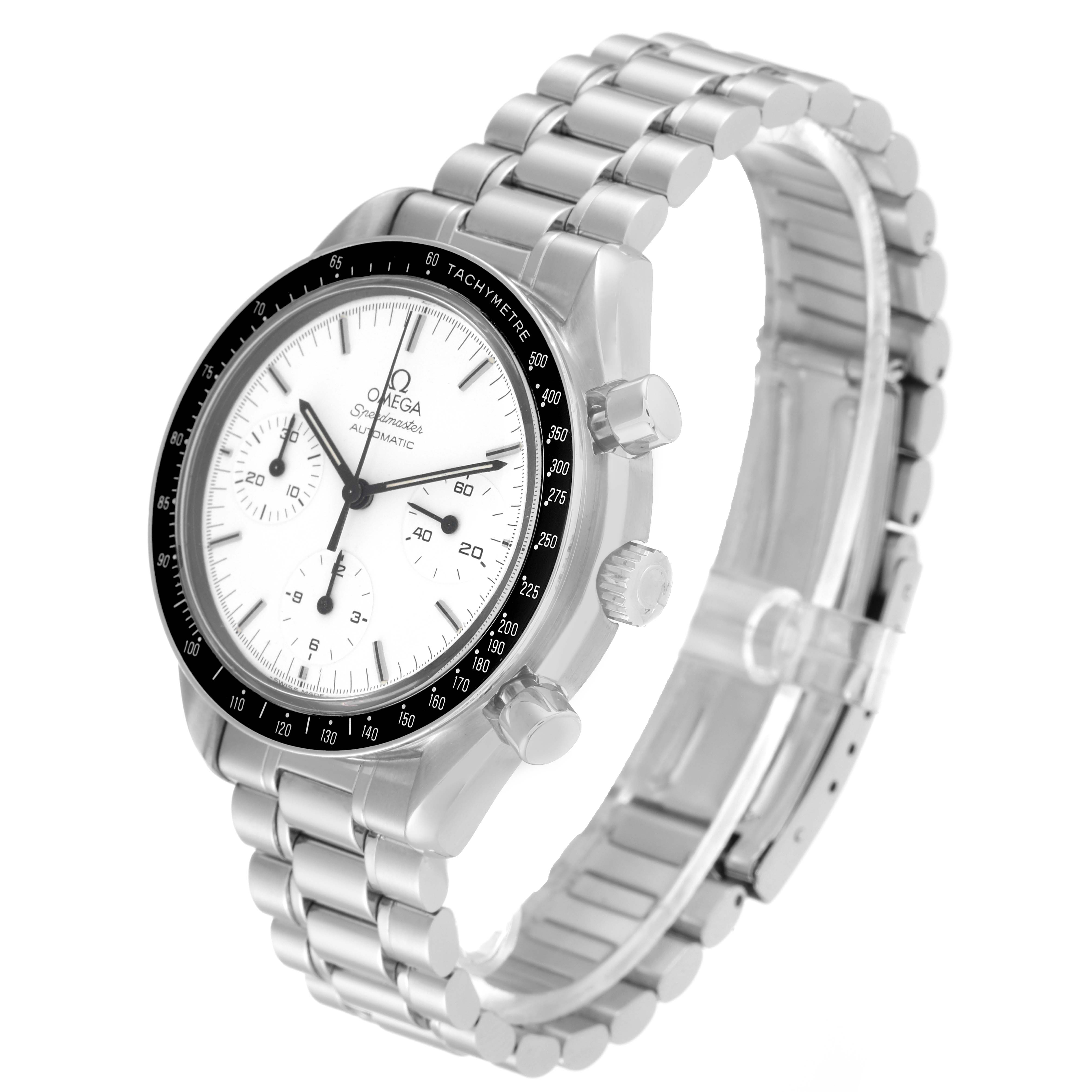The Omega Speedmaster 3510.20.00 Men
s Stainless Steel White Dial 3510.20.00 Men
s Stainless Steel White Dial watch is shown at a three-quarter angle, highlighting its face, bezel, bracelet, and side pushers.