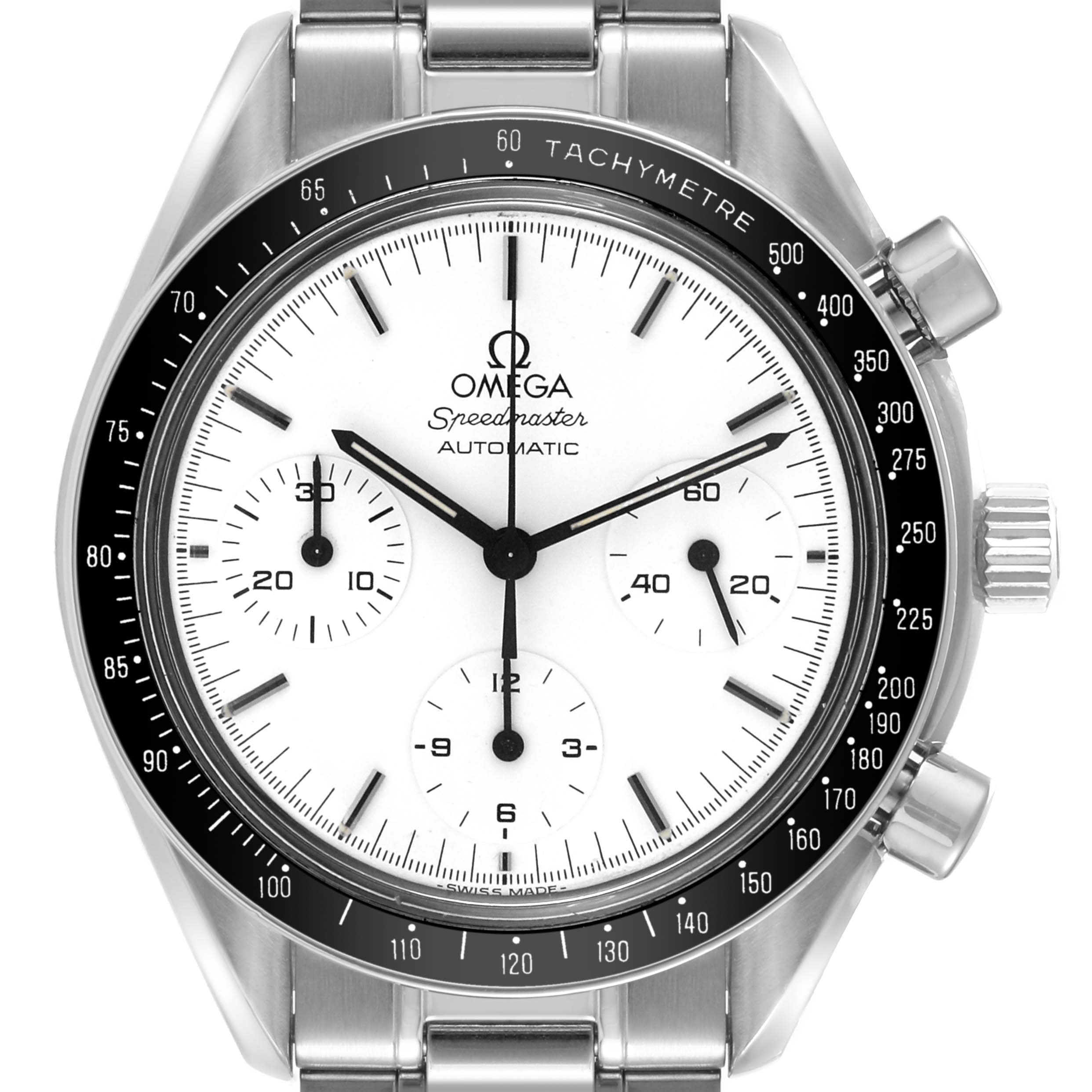 This image shows a front view of the Omega Speedmaster 3510.20.00 Men
s Stainless Steel White Dial 3510.20.00 Men
s Stainless Steel White Dial watch featuring its dial, chronograph sub-dials, bezel, and bracelet.