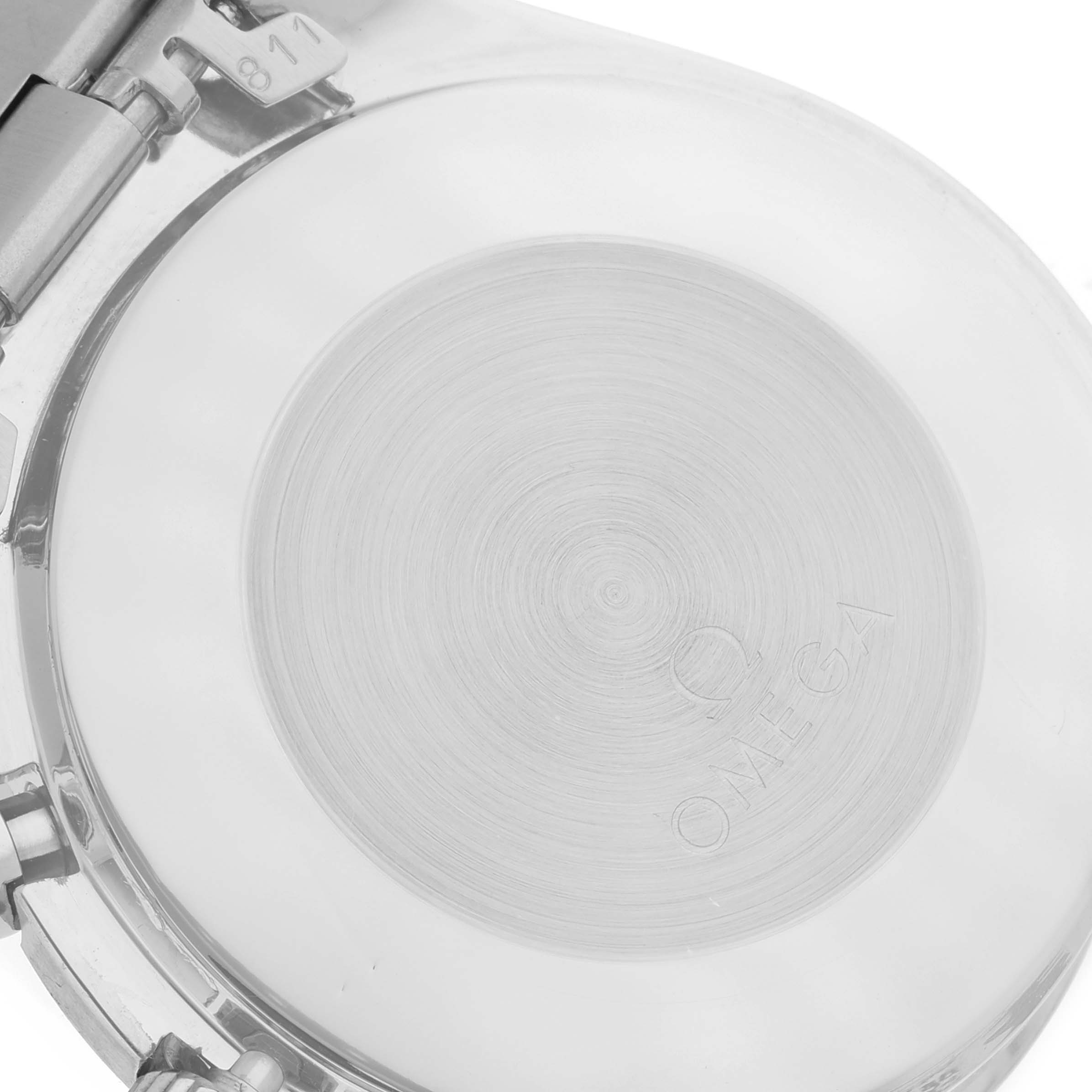 The image shows the back case and part of the bracelet hinge of an Omega Speedmaster 3510.20.00 Men
s Stainless Steel White Dial 3510.20.00 Men
s Stainless Steel White Dial watch at a close-up angle.