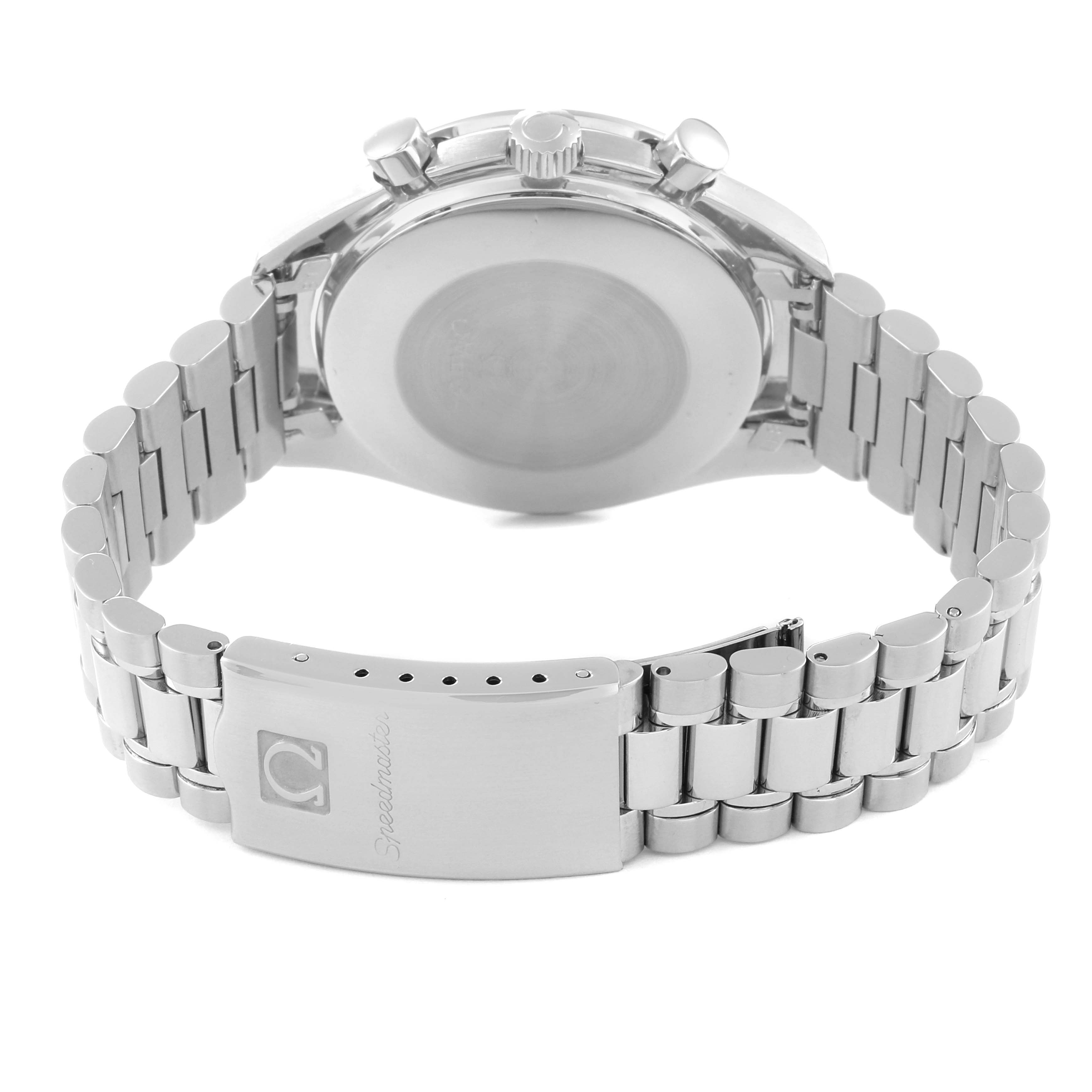 The image shows the back case and bracelet clasp of the Omega Speedmaster 3510.20.00 Men
s Stainless Steel White Dial 3510.20.00 Men
s Stainless Steel White Dial watch.