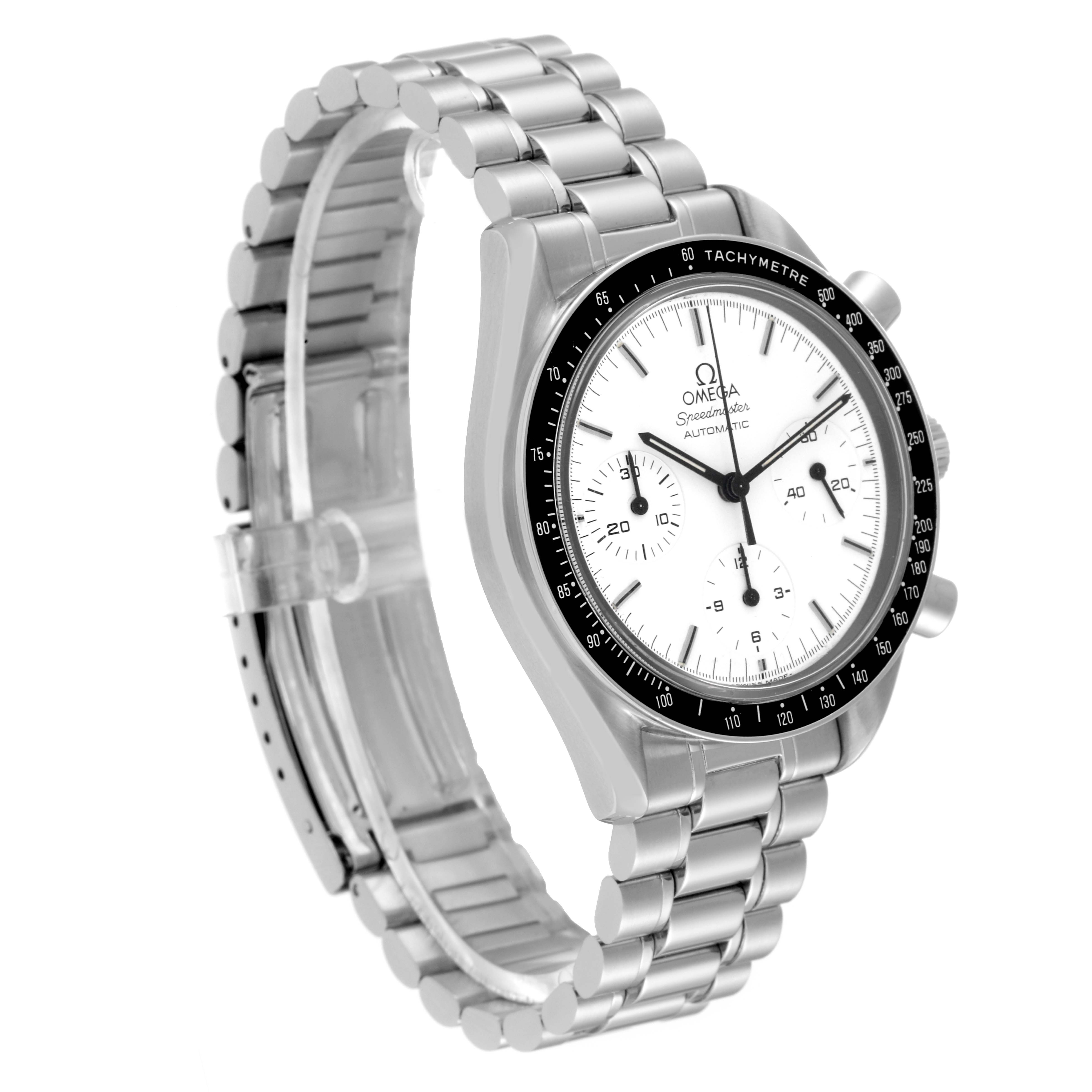 This Omega Speedmaster 3510.20.00 Men
s Stainless Steel White Dial 3510.20.00 Men
s Stainless Steel White Dial watch is shown at a three-quarter angle, displaying the face, bezel, band, and side buttons.