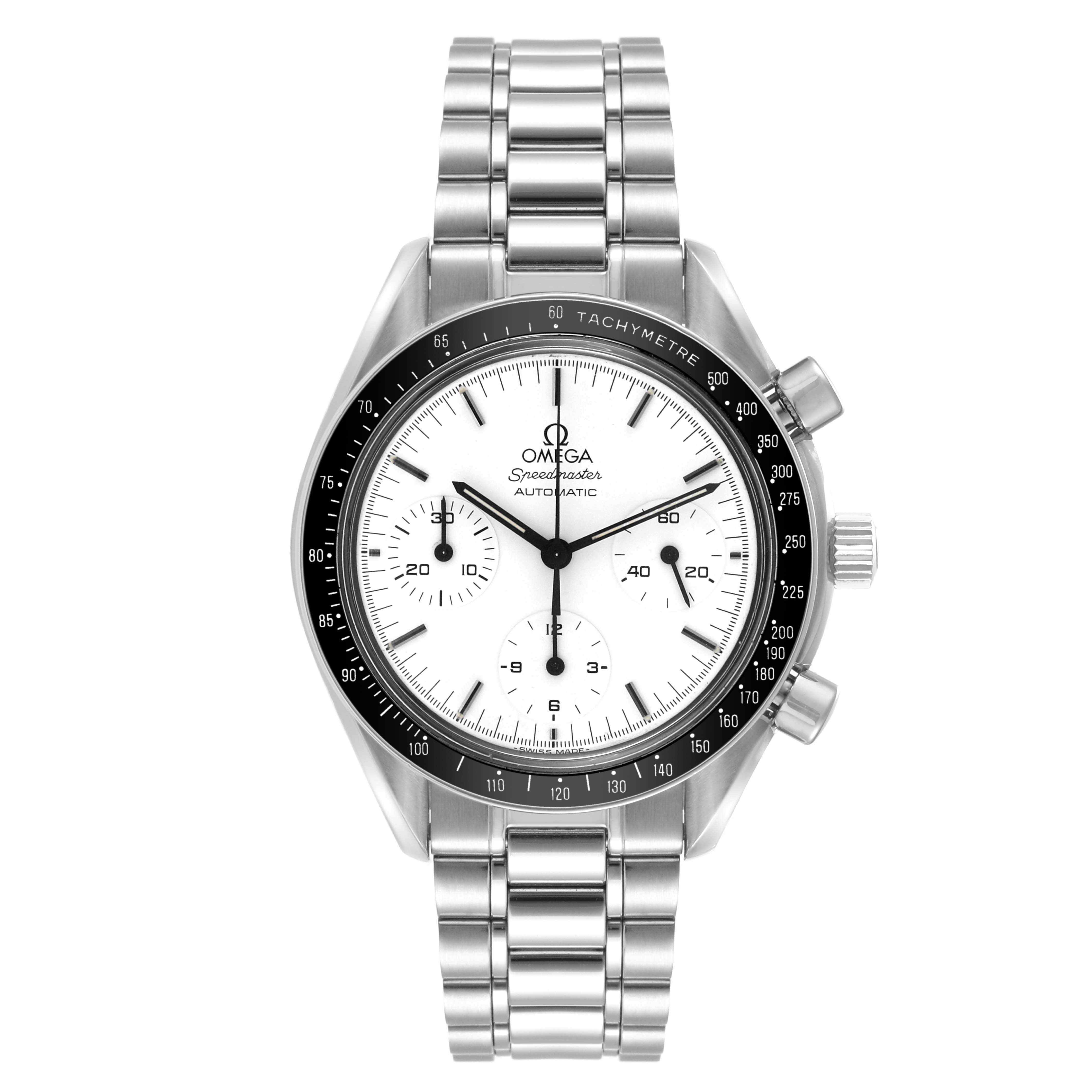 The image shows an Omega Speedmaster 3510.20.00 Men
s Stainless Steel White Dial 3510.20.00 Men
s Stainless Steel White Dial watch facing forward, displaying the dial, tachymeter bezel, and steel bracelet.