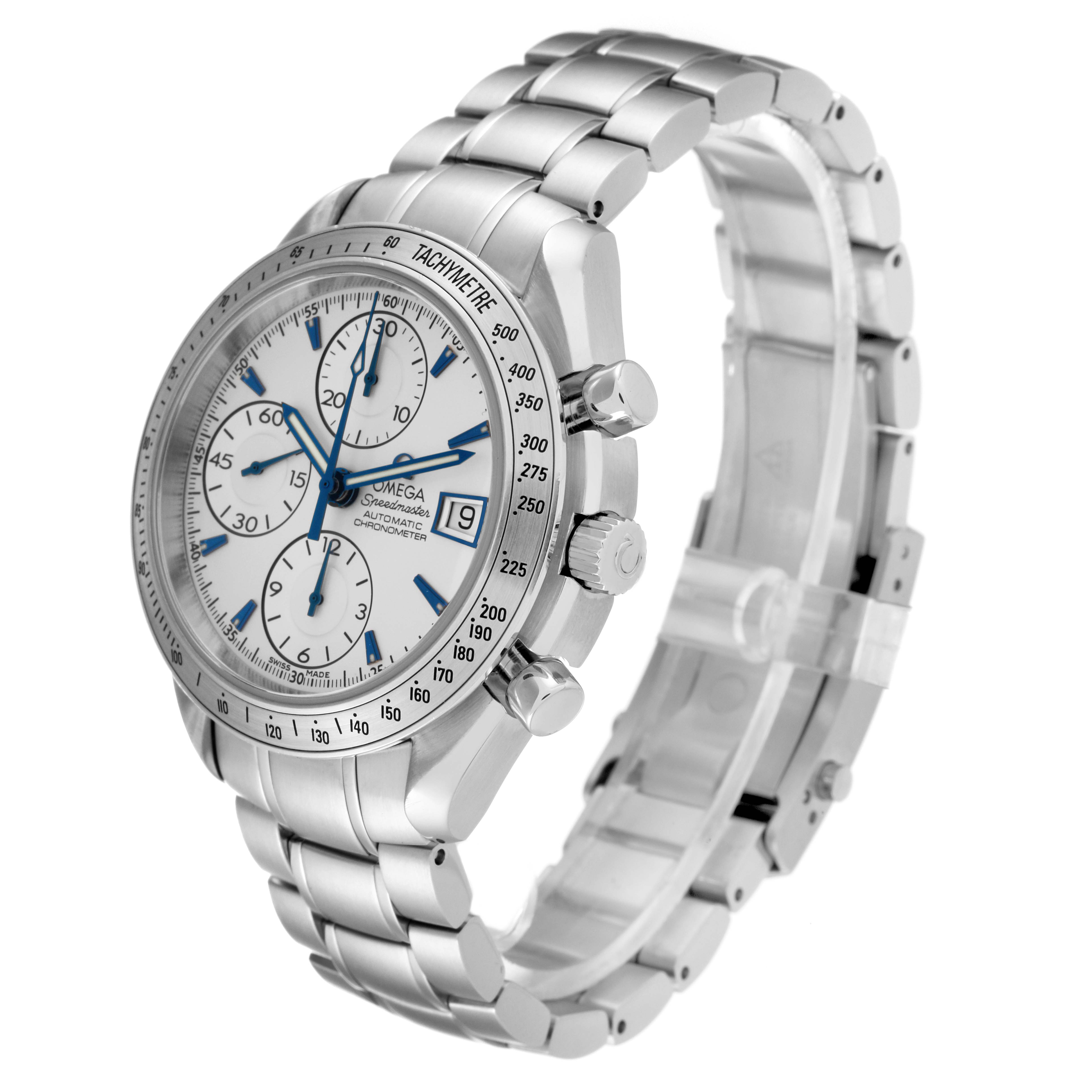 The image shows an angled view of a silver Omega Speedmaster 3211.32.00 Men
s Stainless Steel Silver Dial 3211.32.00 Men
s Stainless Steel Silver Dial watch, highlighting its face, tachymeter bezel, and bracelet.