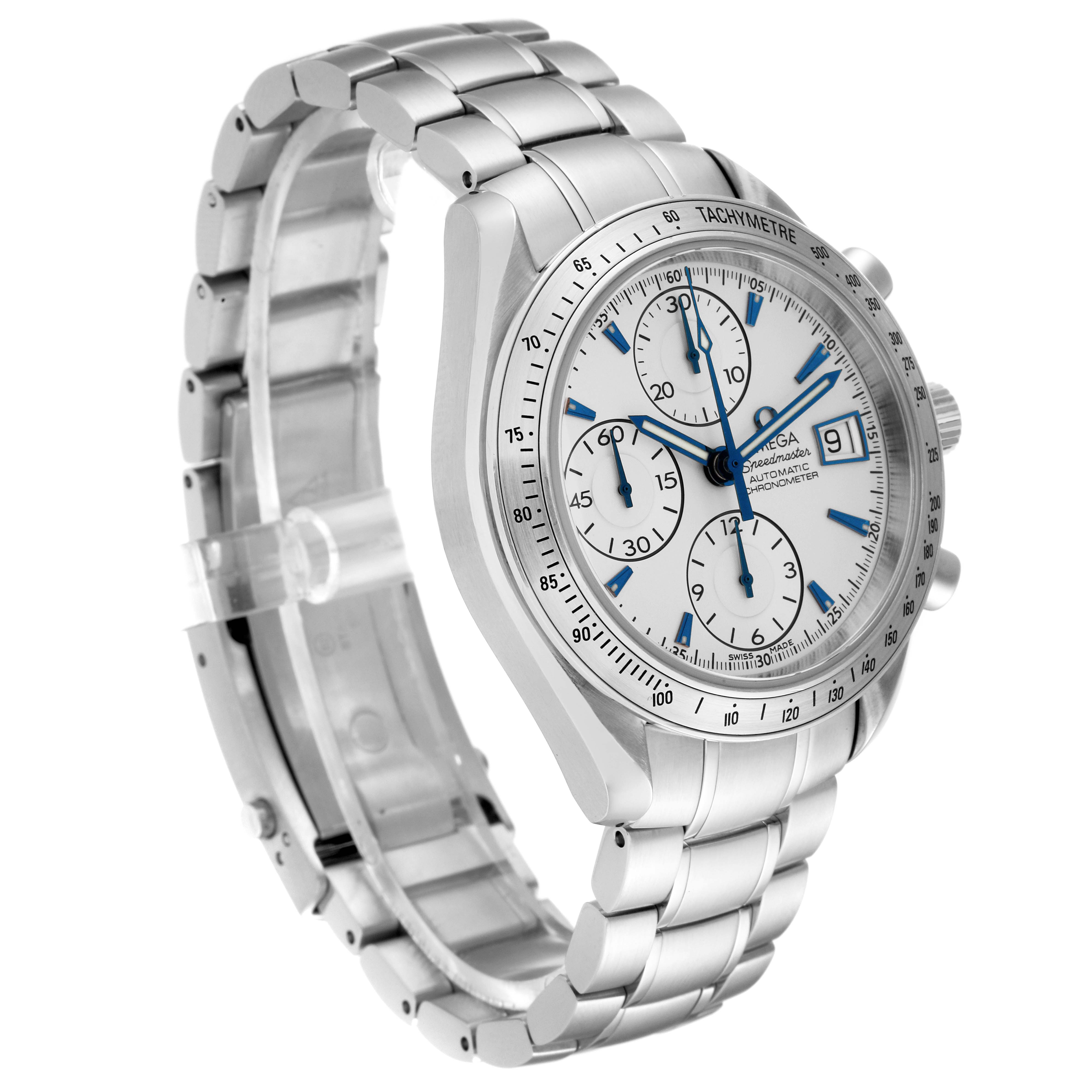 The Omega Speedmaster 3211.32.00 Men
s Stainless Steel Silver Dial 3211.32.00 Men
s Stainless Steel Silver Dial watch is shown at a three-quarter angle, displaying its face, bezel, and metal bracelet.