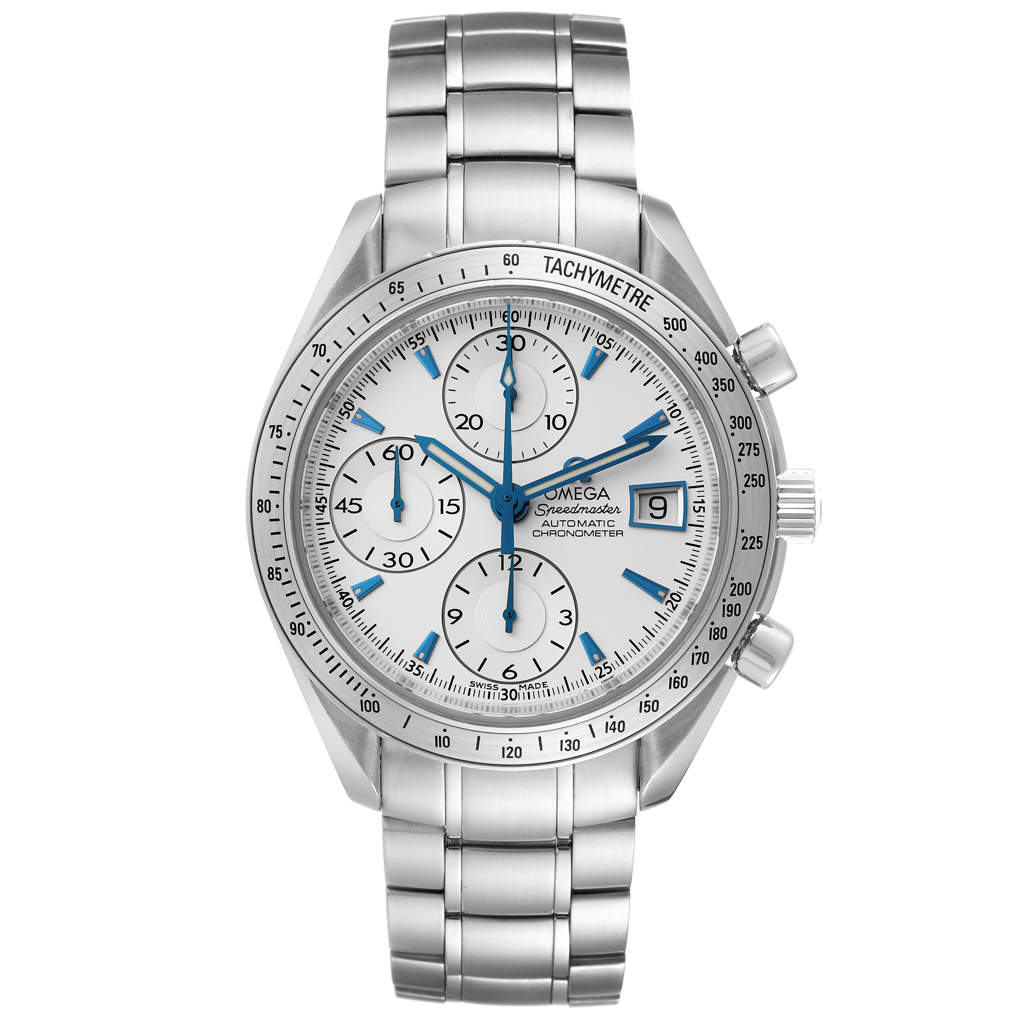 The image shows a front view of an Omega Speedmaster 3211.32.00 Men
s Stainless Steel Silver Dial 3211.32.00 Men
s Stainless Steel Silver Dial watch, displaying its face, subdials, date window, and stainless steel bracelet.