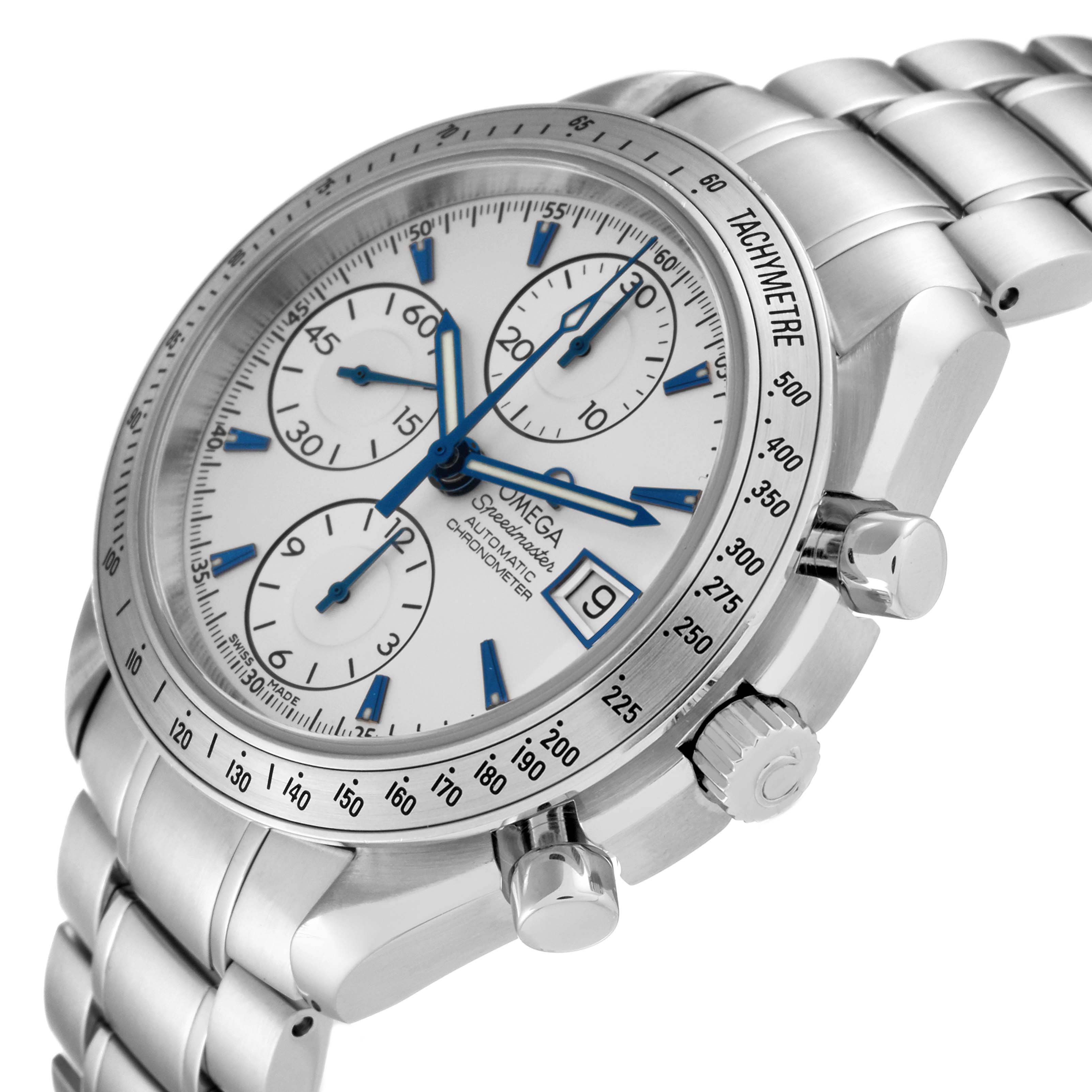 The image shows an Omega Speedmaster 3211.32.00 Men
s Stainless Steel Silver Dial 3211.32.00 Men
s Stainless Steel Silver Dial watch at an angle highlighting the face, side buttons, and bracelet.