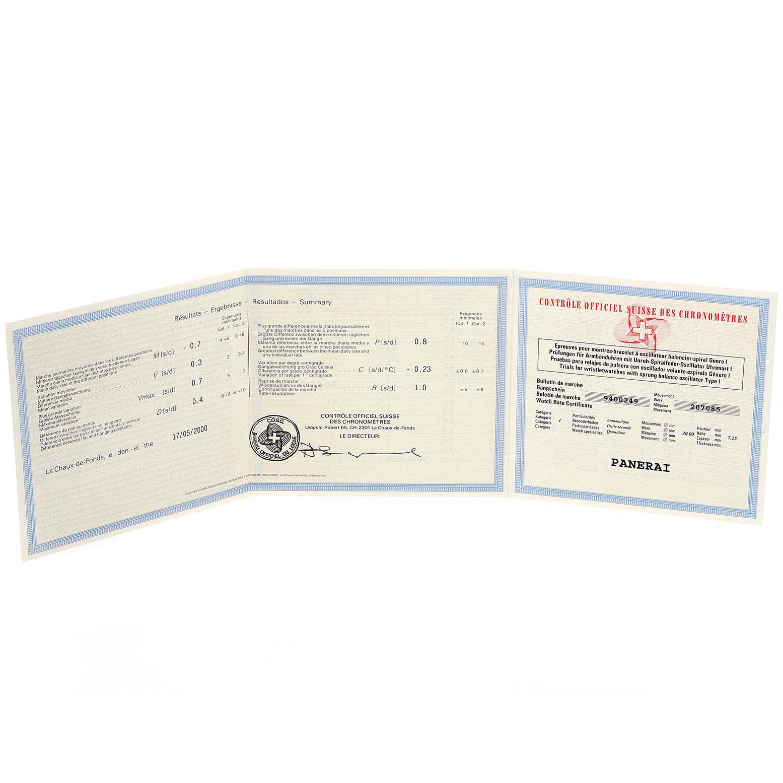 This image shows the authentication and chronometer certification documents for a Panerai Luminor PAM00090 Men's Stainless Steel Black Dial PAM00090 Men's Stainless Steel Black Dial watch.