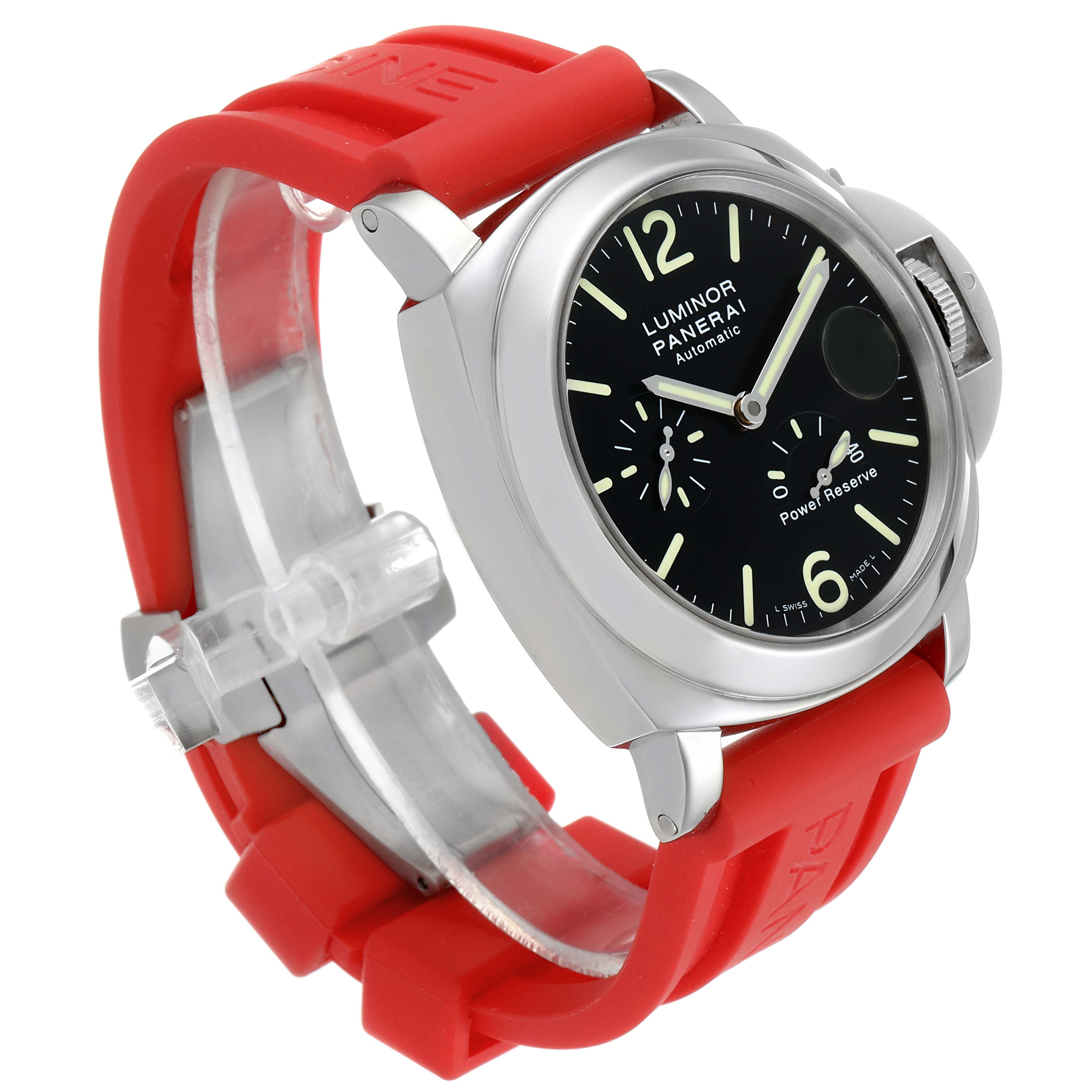 The Panerai Luminor PAM00090 Men's Stainless Steel Black Dial PAM00090 Men's Stainless Steel Black Dial watch is shown at a three-quarter angle with a red strap and a black dial.