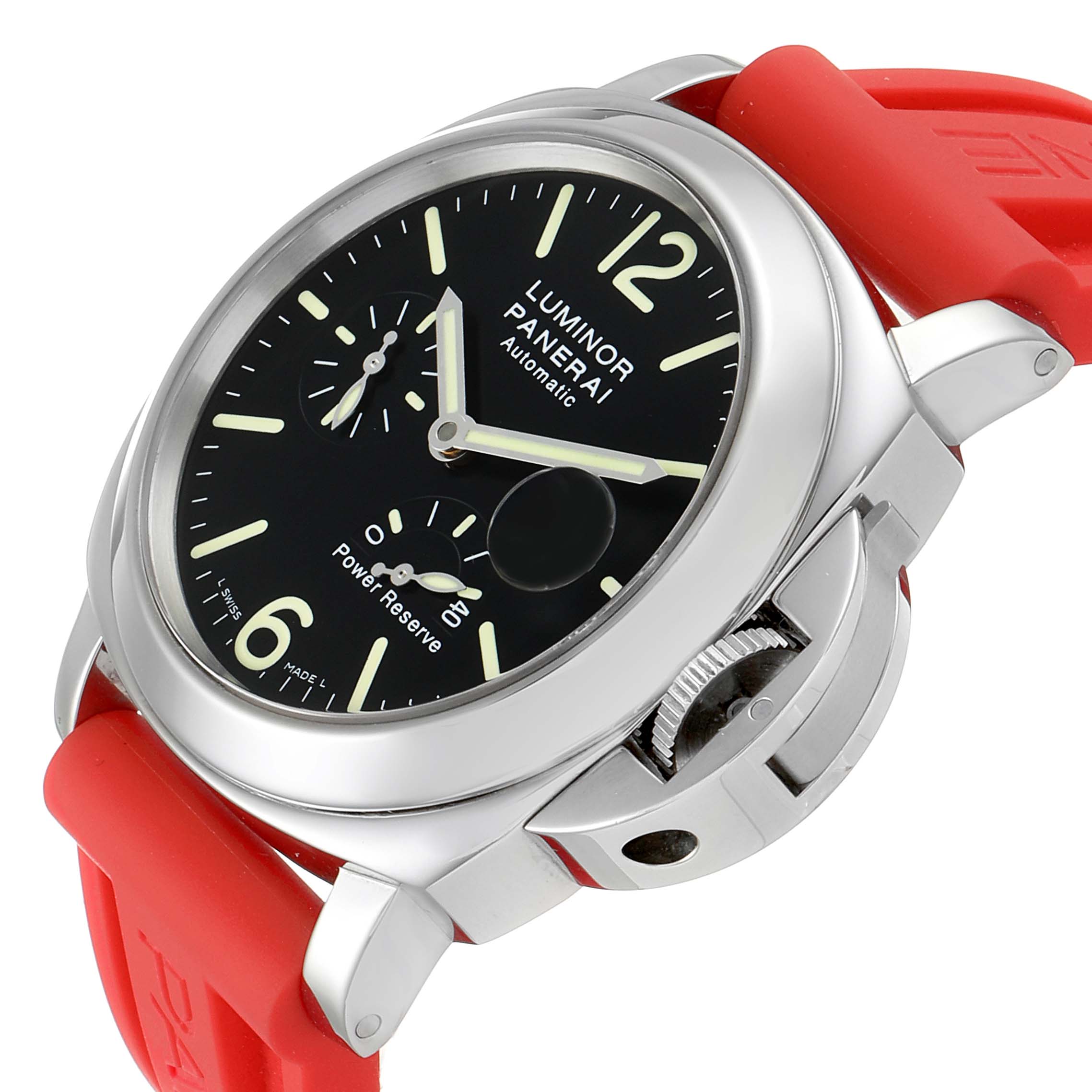 The Panerai Luminor PAM00090 Men's Stainless Steel Black Dial PAM00090 Men's Stainless Steel Black Dial watch is shown from an oblique angle, highlighting its black dial, power reserve indicator, and red strap.