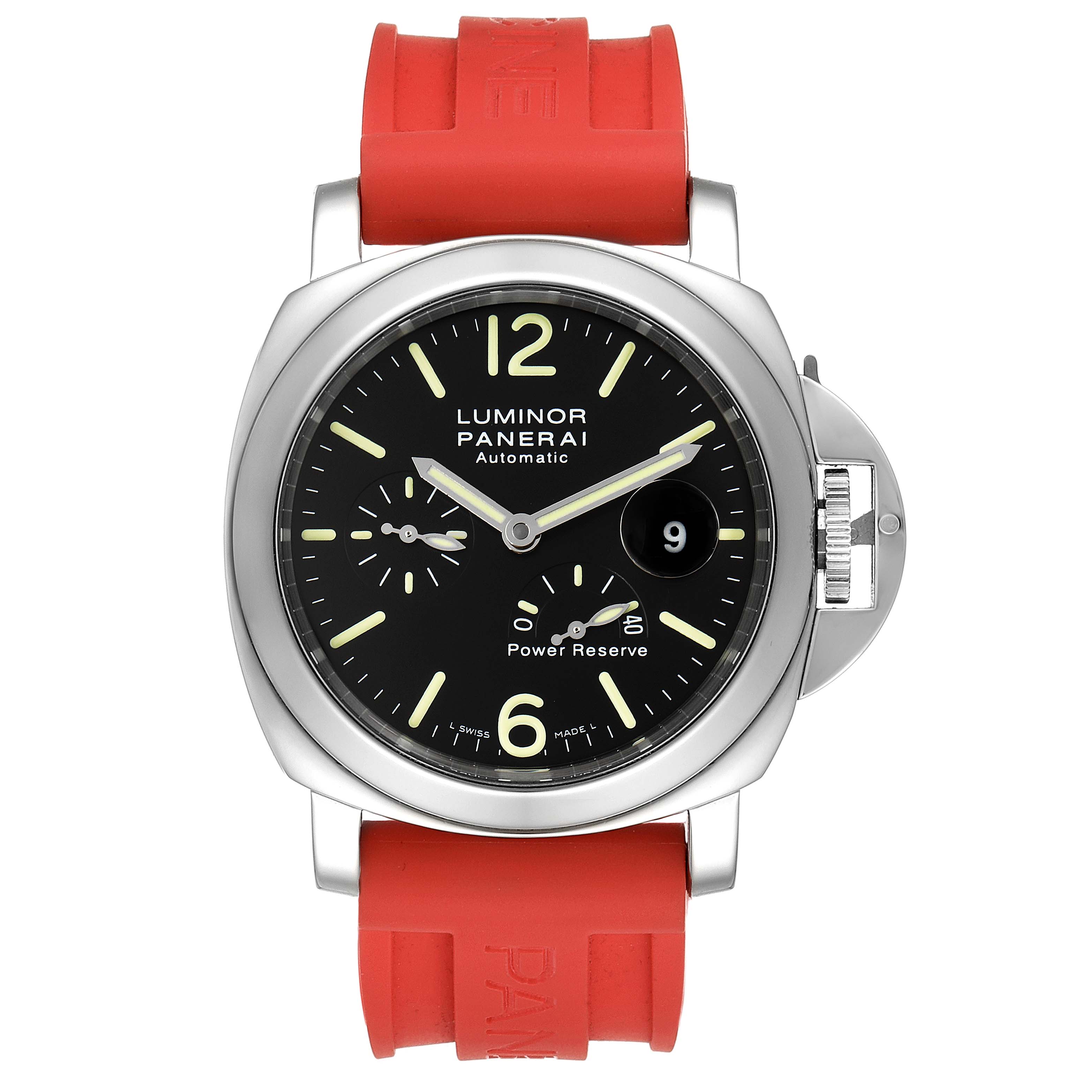The image shows a front view of the Panerai Luminor PAM00090 Men's Stainless Steel Black Dial PAM00090 Men's Stainless Steel Black Dial watch with a black dial and red strap.