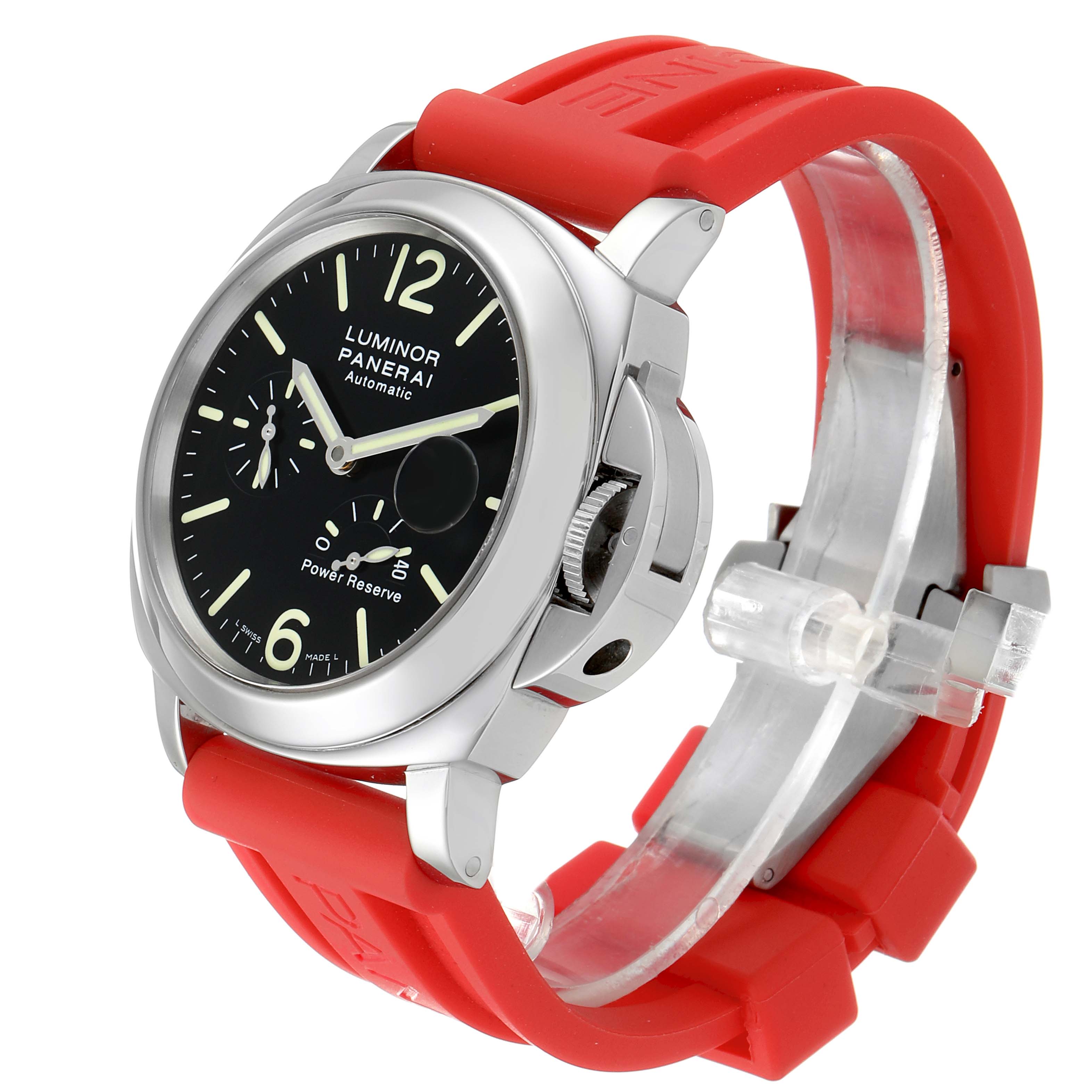 The image shows a Panerai Luminor PAM00090 Men's Stainless Steel Black Dial PAM00090 Men's Stainless Steel Black Dial watch at a slight angle, highlighting its black dial, red strap, and crown guard.