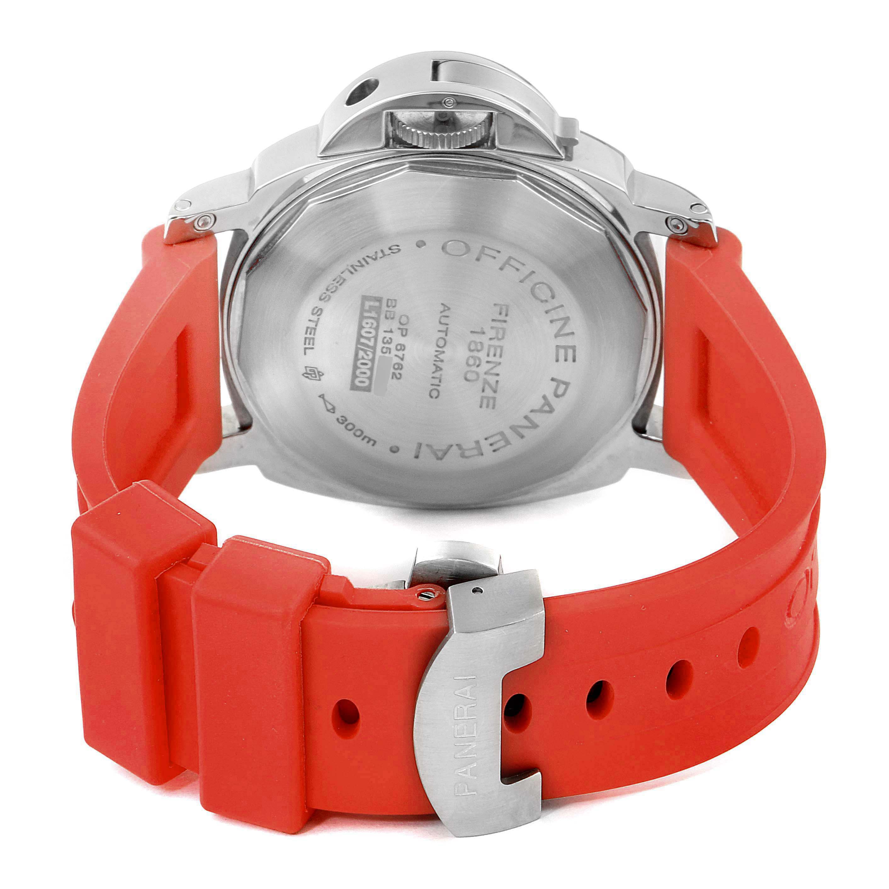 This image shows the back view of a Panerai Luminor PAM00090 Men's Stainless Steel Black Dial PAM00090 Men's Stainless Steel Black Dial watch with a red strap and visible clasp.