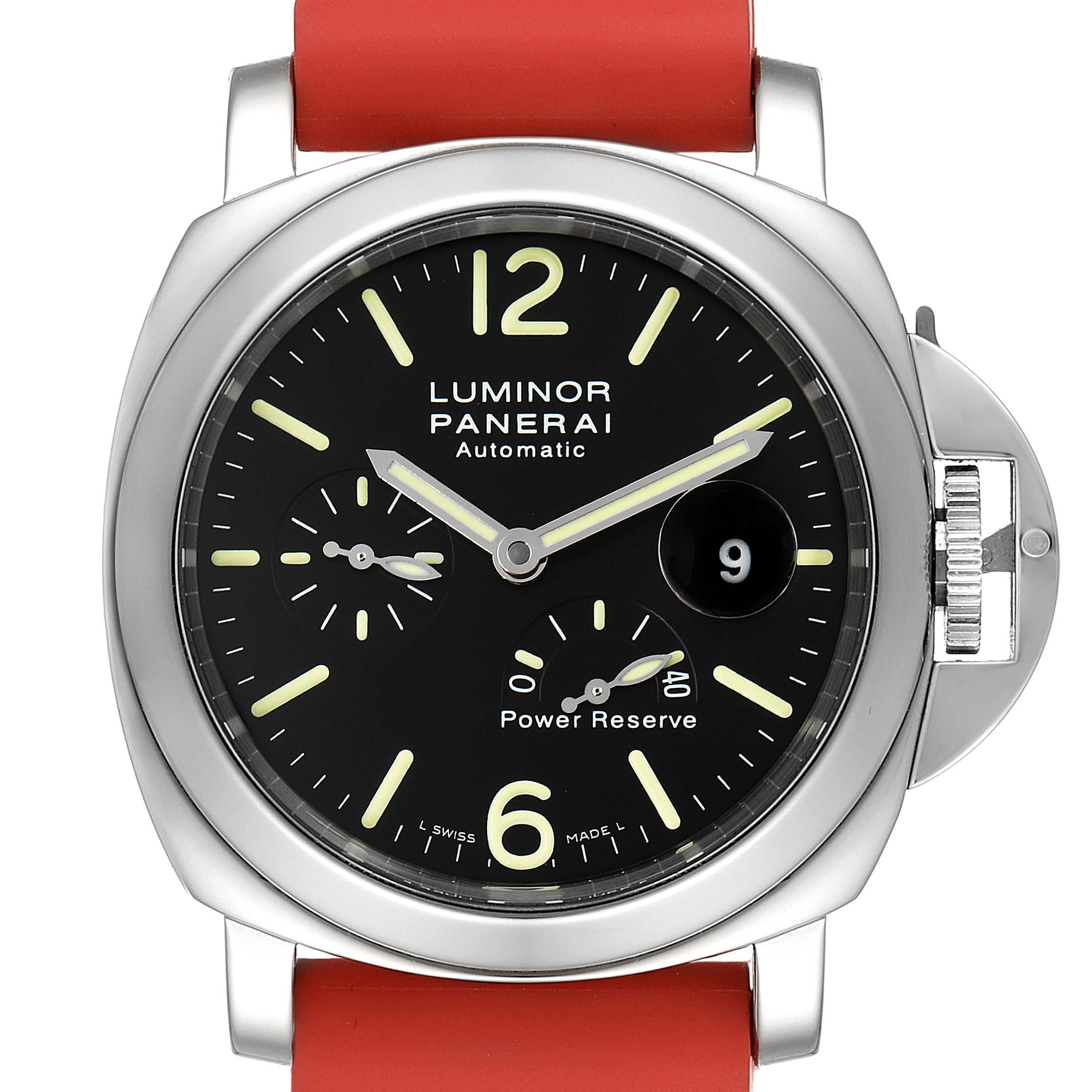 This is a frontal view of the Panerai Luminor PAM00090 Men's Stainless Steel Black Dial PAM00090 Men's Stainless Steel Black Dial watch, showcasing its face, red strap, and crown guard.