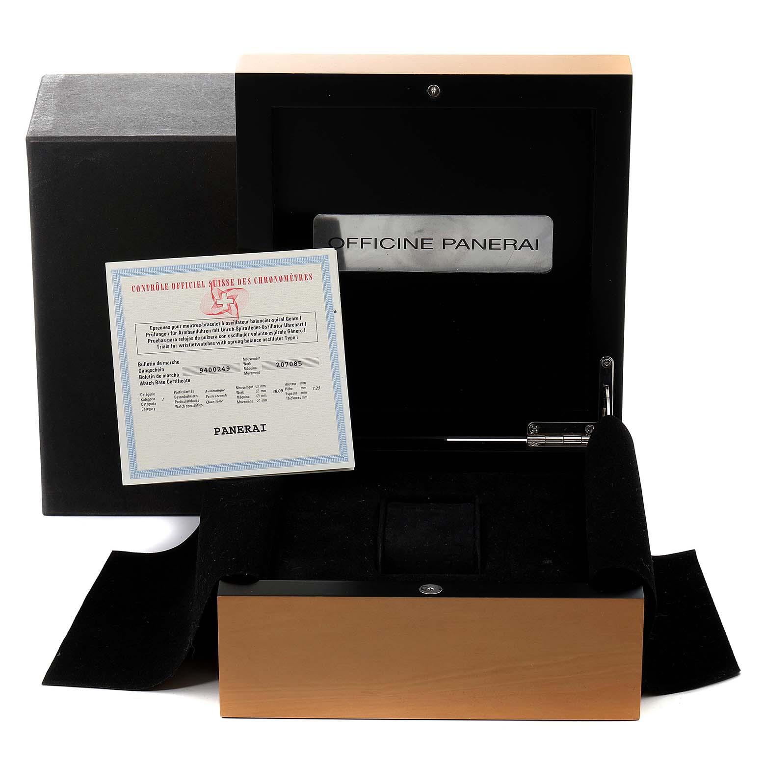 The image shows the packaging and certificate for a Panerai Luminor PAM00090 Men's Stainless Steel Black Dial PAM00090 Men's Stainless Steel Black Dial watch, including the box and documents.