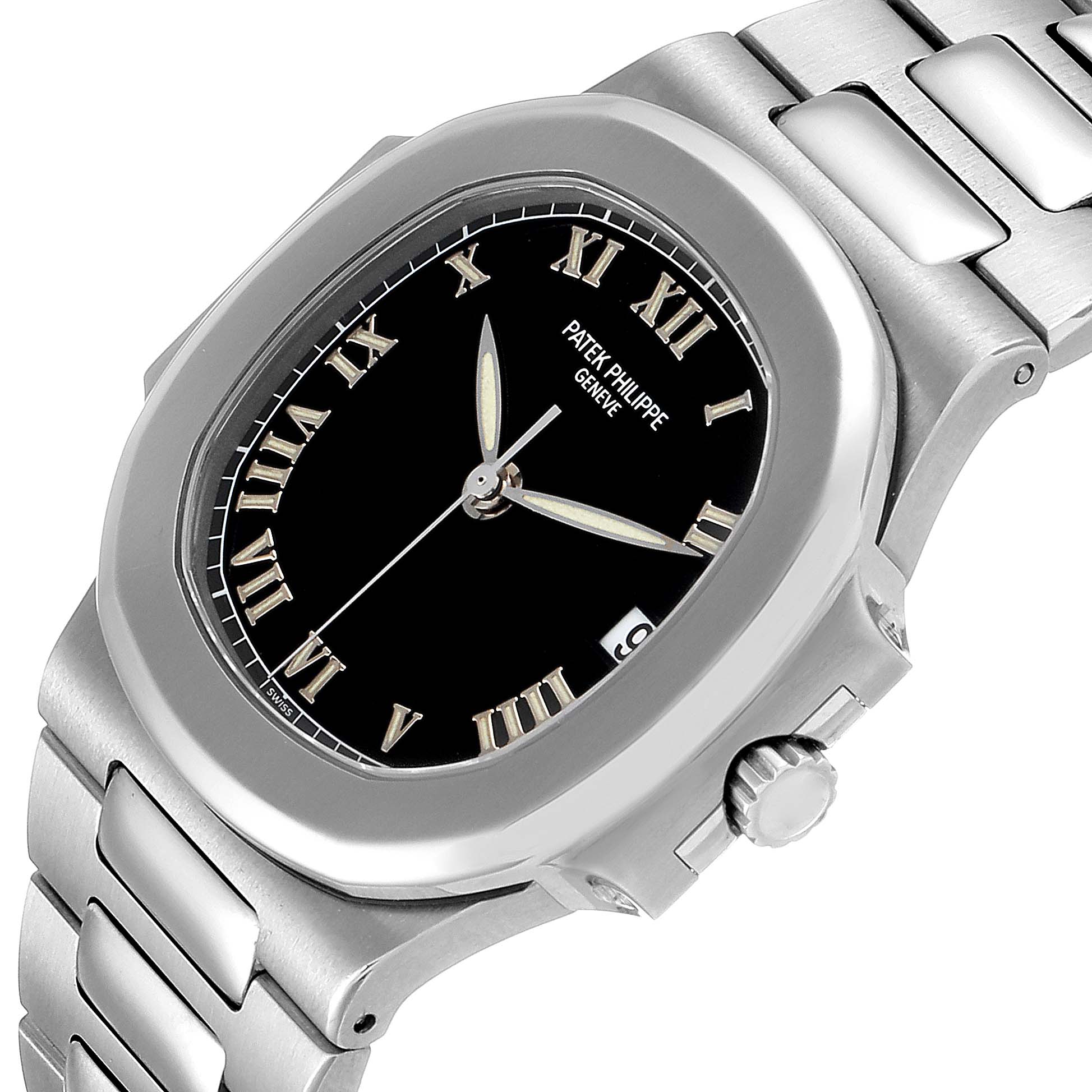 The image shows the front and right side, including the crown, of a Patek Philippe Nautilus 3800/1 Men's Stainless Steel Black Dial 3800/1 Men's Stainless Steel Black Dial watch.
