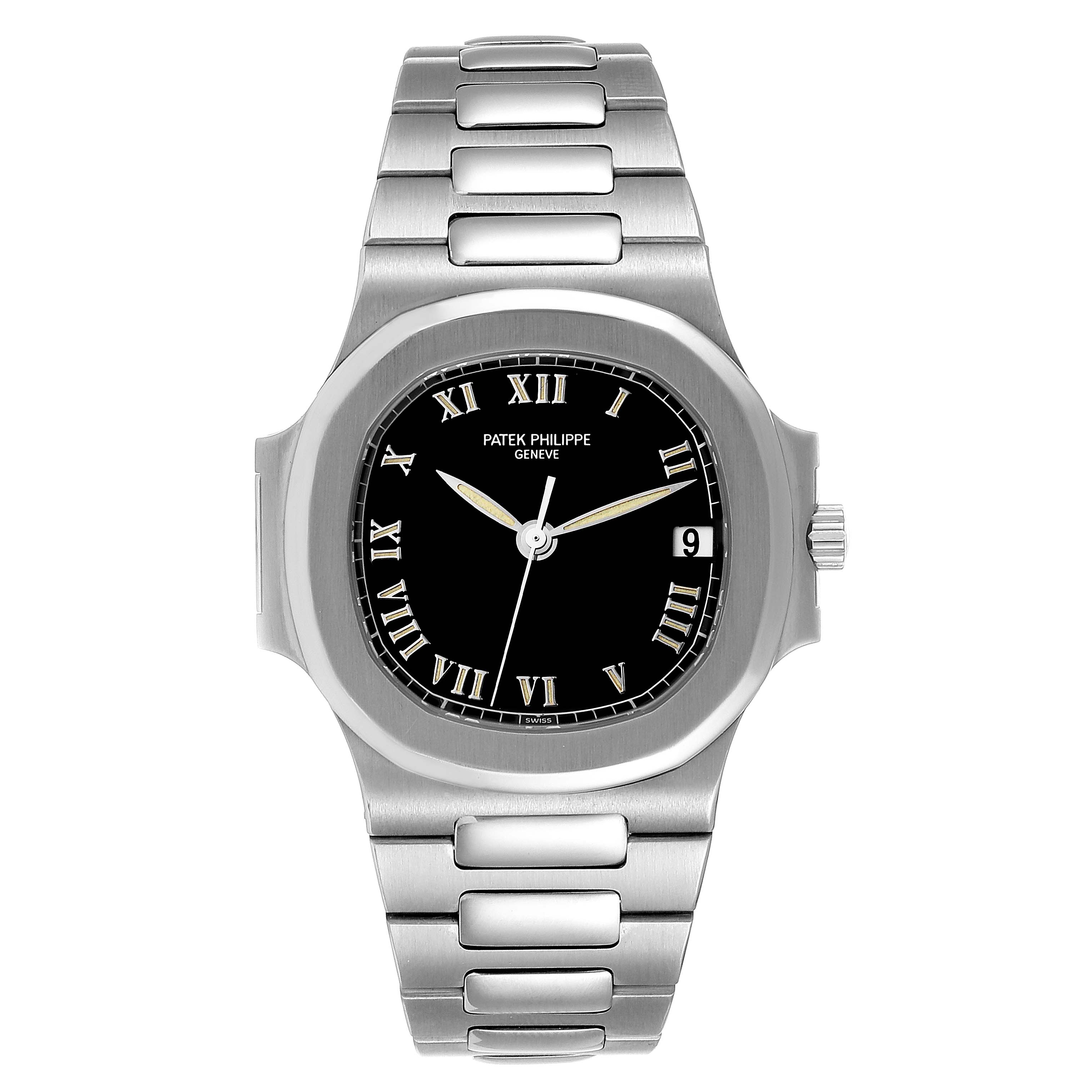 The image shows a front view of a Patek Philippe Nautilus 3800/1 Men's Stainless Steel Black Dial 3800/1 Men's Stainless Steel Black Dial watch, highlighting its dial, bezel, crown, and the bracelet.