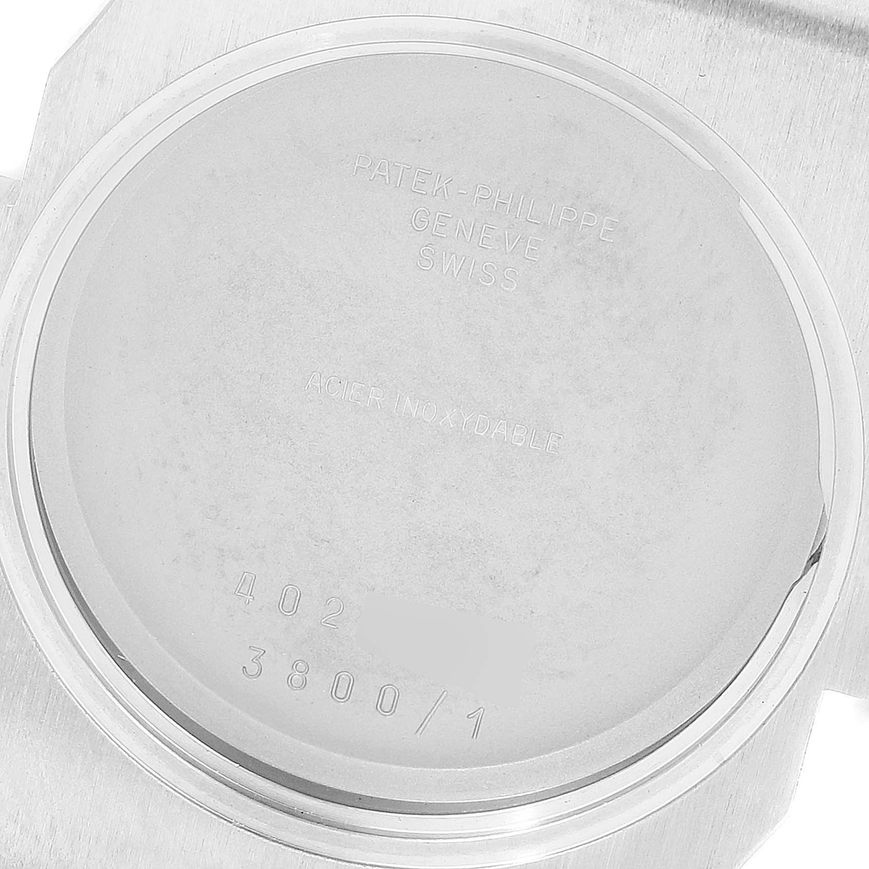 This image shows the engraved case back of a Patek Philippe Nautilus 3800/1 Men's Stainless Steel Black Dial 3800/1 Men's Stainless Steel Black Dial model watch.