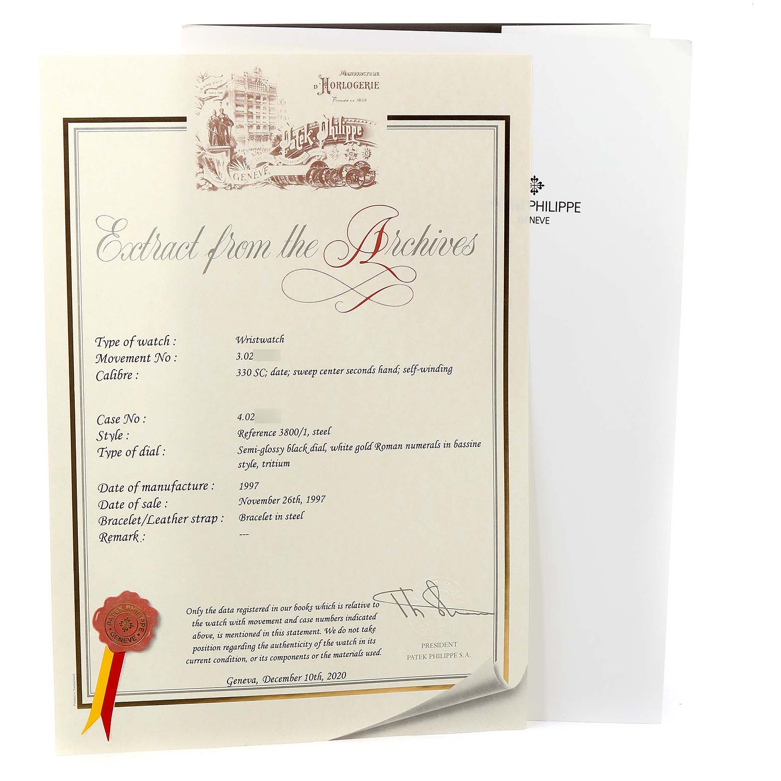 The image shows a Patek Philippe certificate for the Nautilus model, describing its details and authenticity.