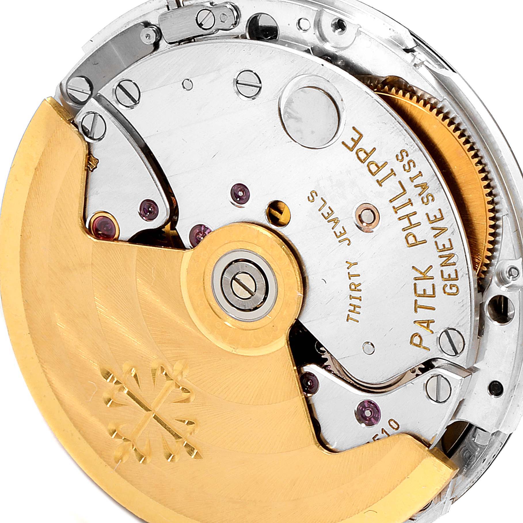 The image shows the internal watch movement mechanism of the Patek Philippe Nautilus 3800/1 Men's Stainless Steel Black Dial 3800/1 Men's Stainless Steel Black Dial model, viewed from the back.