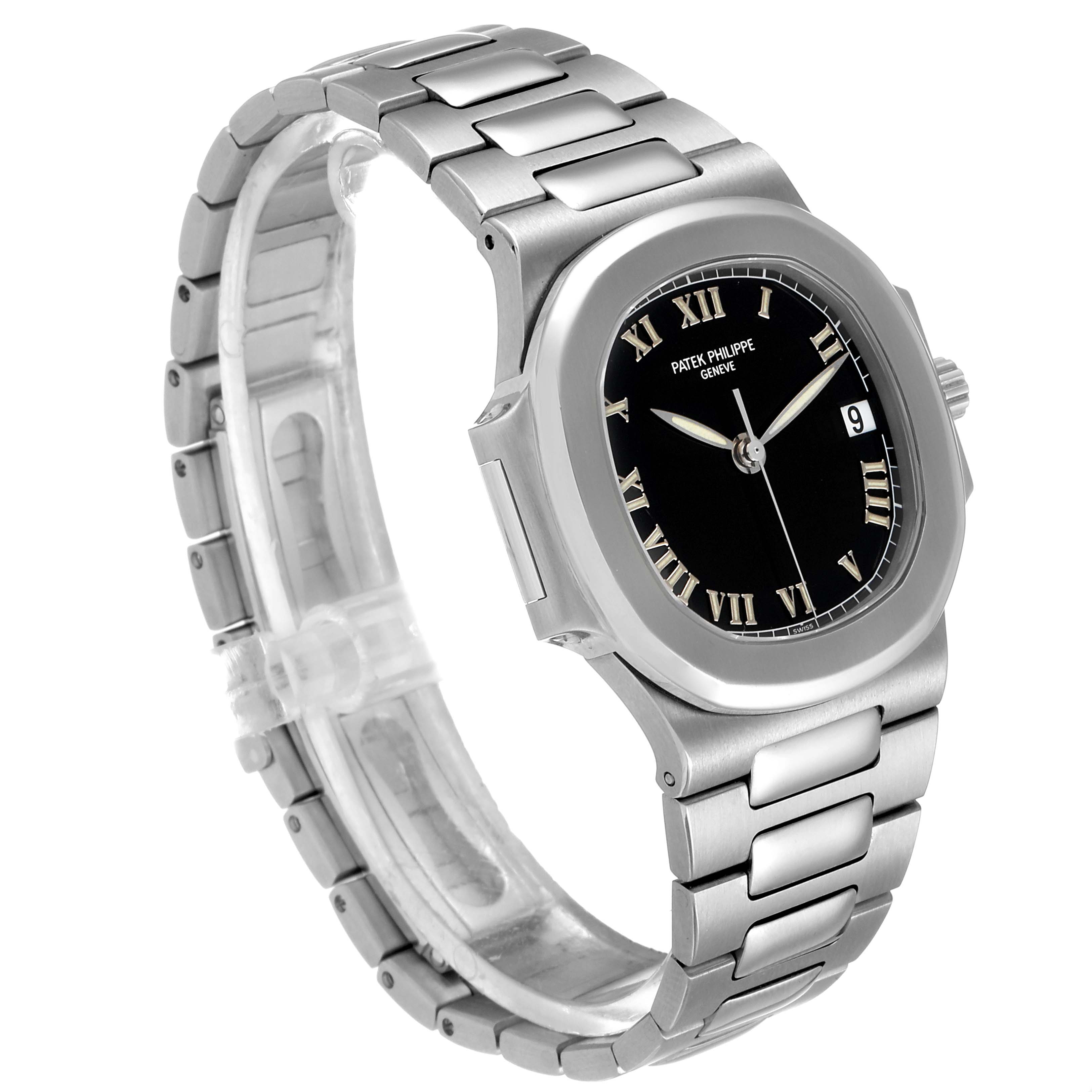The image shows a side view angle of a Patek Philippe Nautilus 3800/1 Men's Stainless Steel Black Dial 3800/1 Men's Stainless Steel Black Dial watch, displaying the bracelet, case, dial, and date window.