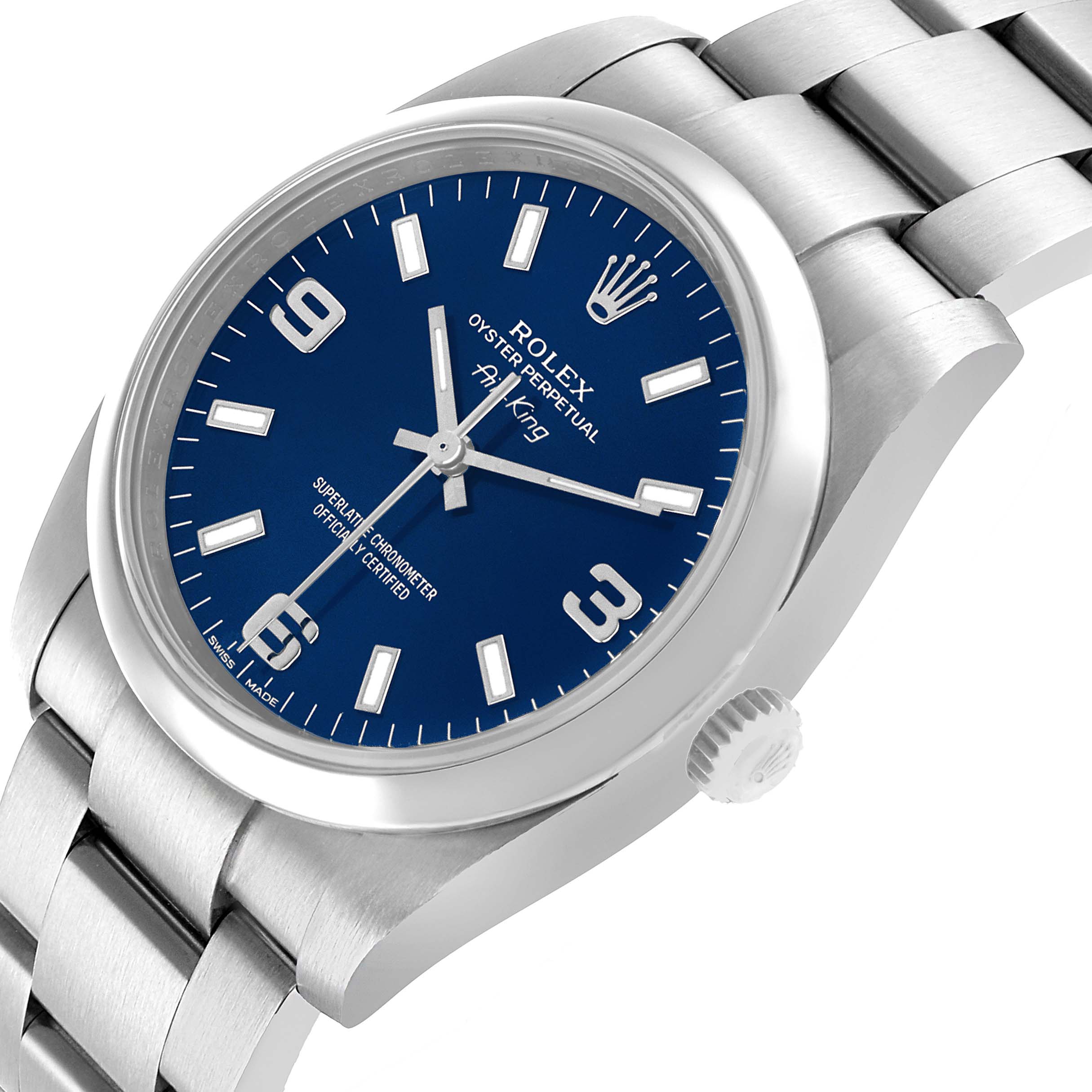 The Rolex Air-King 114200 Men's Stainless Steel Blue Dial watch is shown at an angled view, displaying its blue dial, crown, and part of the bracelet.