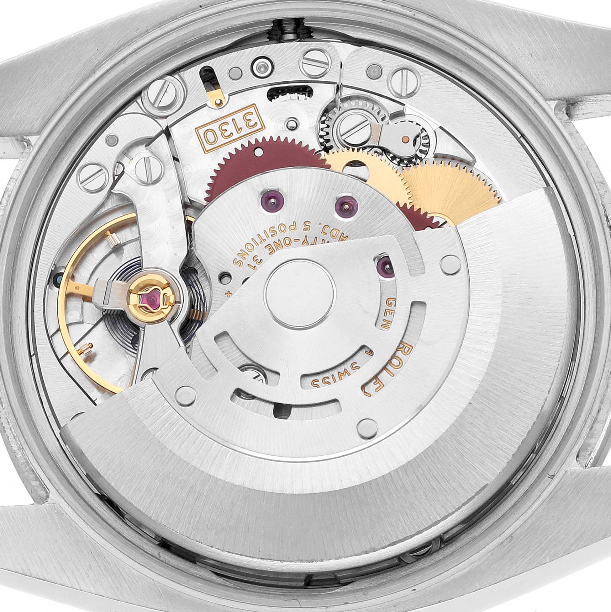 This image shows the internal mechanism of a Rolex Air-King 114200 Men's Stainless Steel Blue Dial watch, including gears and the rotor, viewed from the back.