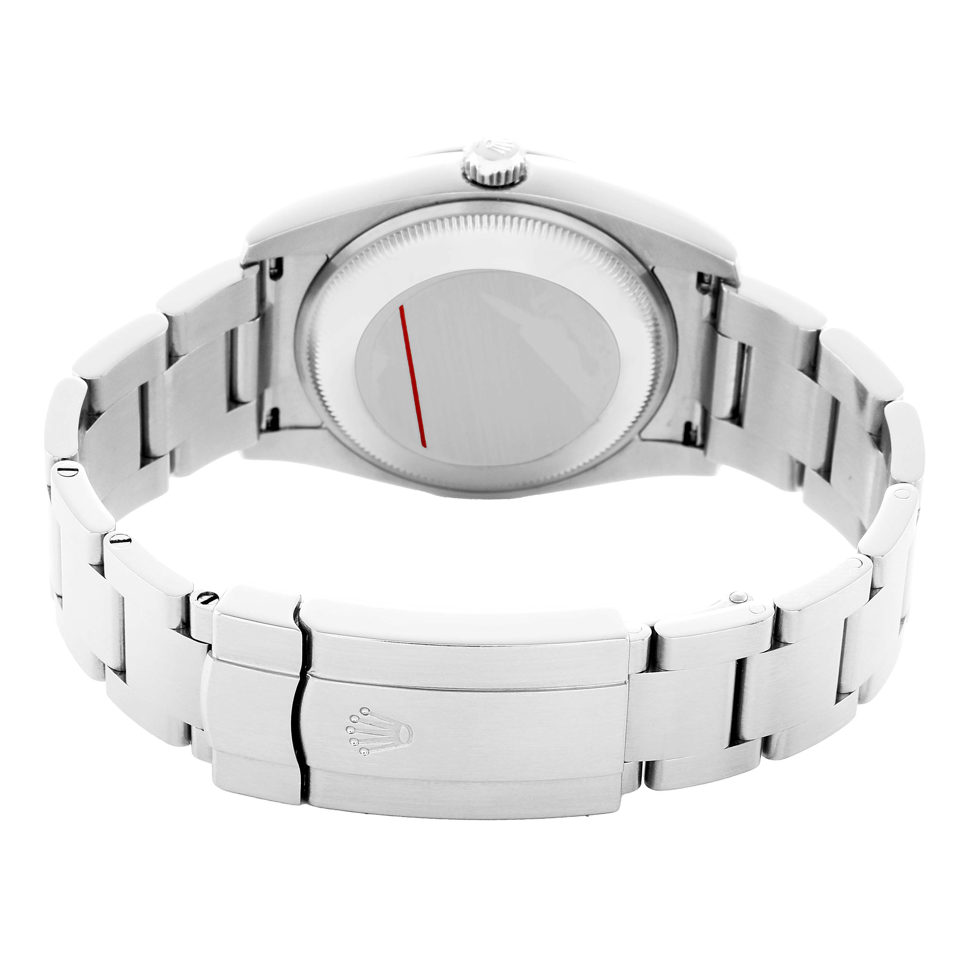 The image shows the back view of a Rolex Air-King 114200 Men's Stainless Steel Blue Dial watch, highlighting the bracelet, clasp, and case back.