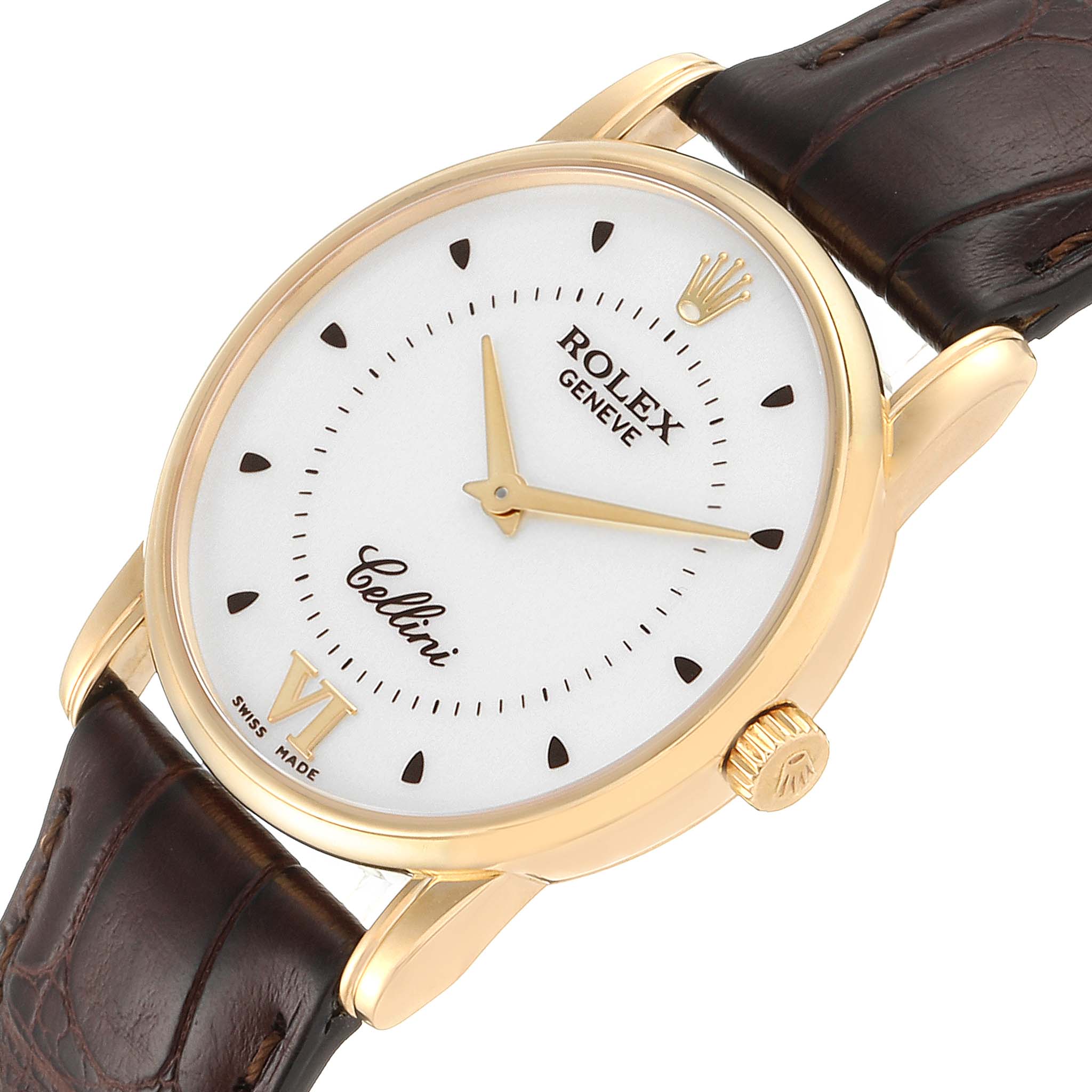 This Rolex Cellini 5116 Men's Yellow Gold Silver Dial 5116 Men's Yellow Gold Silver Dial watch is shown from a slight angled view, highlighting the dial, crown, and brown leather strap.