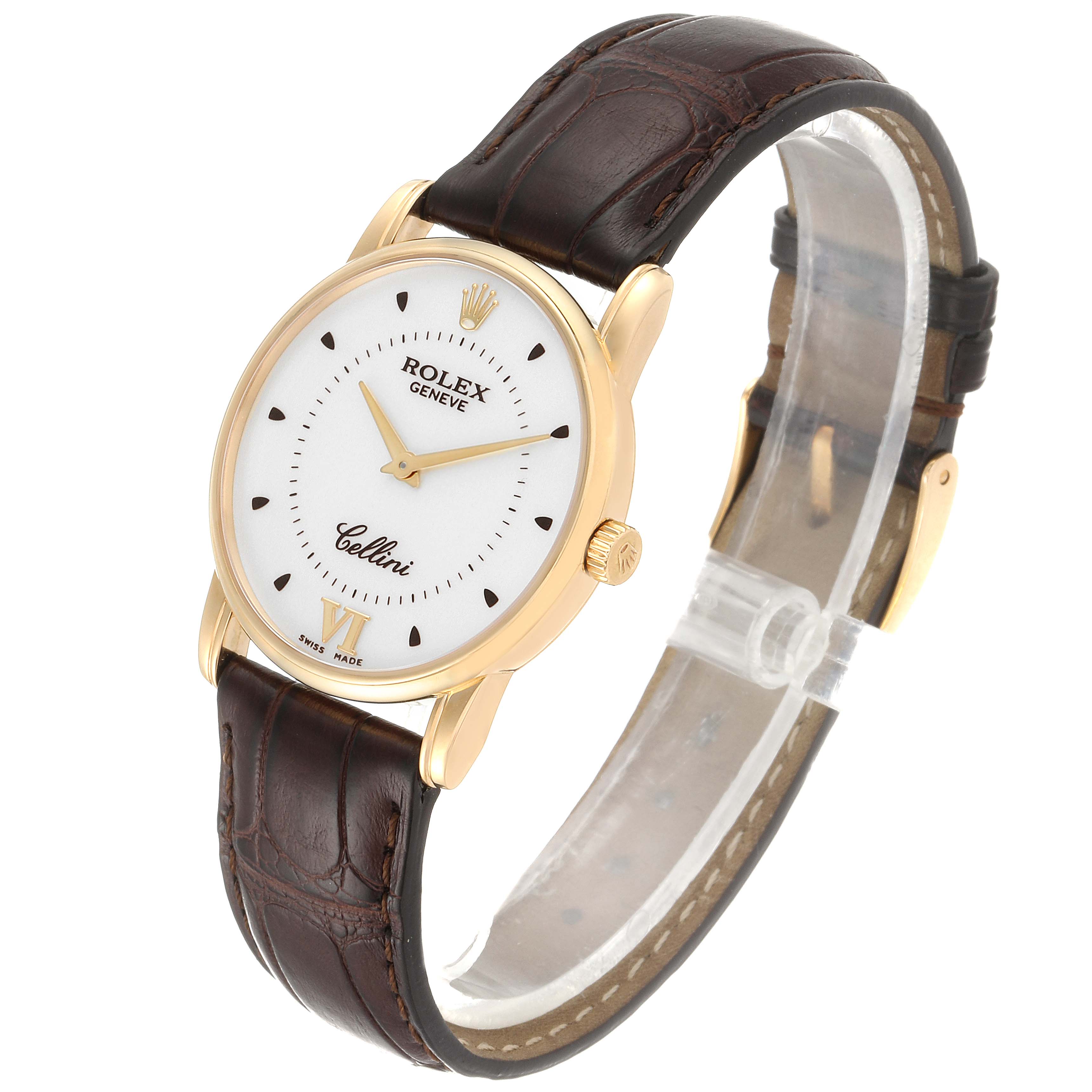 The Rolex Cellini 5116 Men's Yellow Gold Silver Dial 5116 Men's Yellow Gold Silver Dial watch is shown at an angled view, highlighting the watch face, brown leather strap, and gold case.