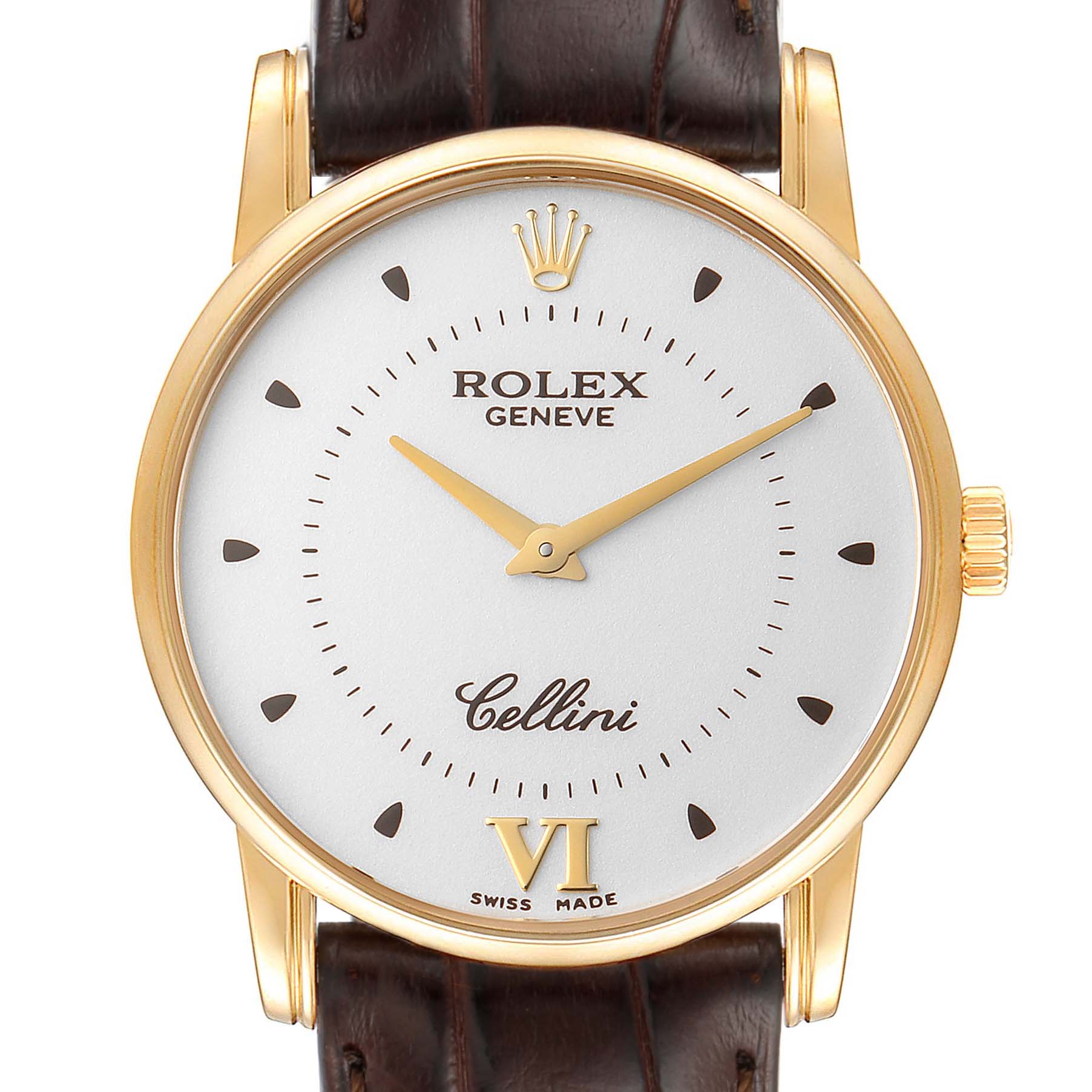 This image shows a front view of the Rolex Cellini 5116 Men's Yellow Gold Silver Dial 5116 Men's Yellow Gold Silver Dial watch, featuring the dial, hands, and part of the leather strap.