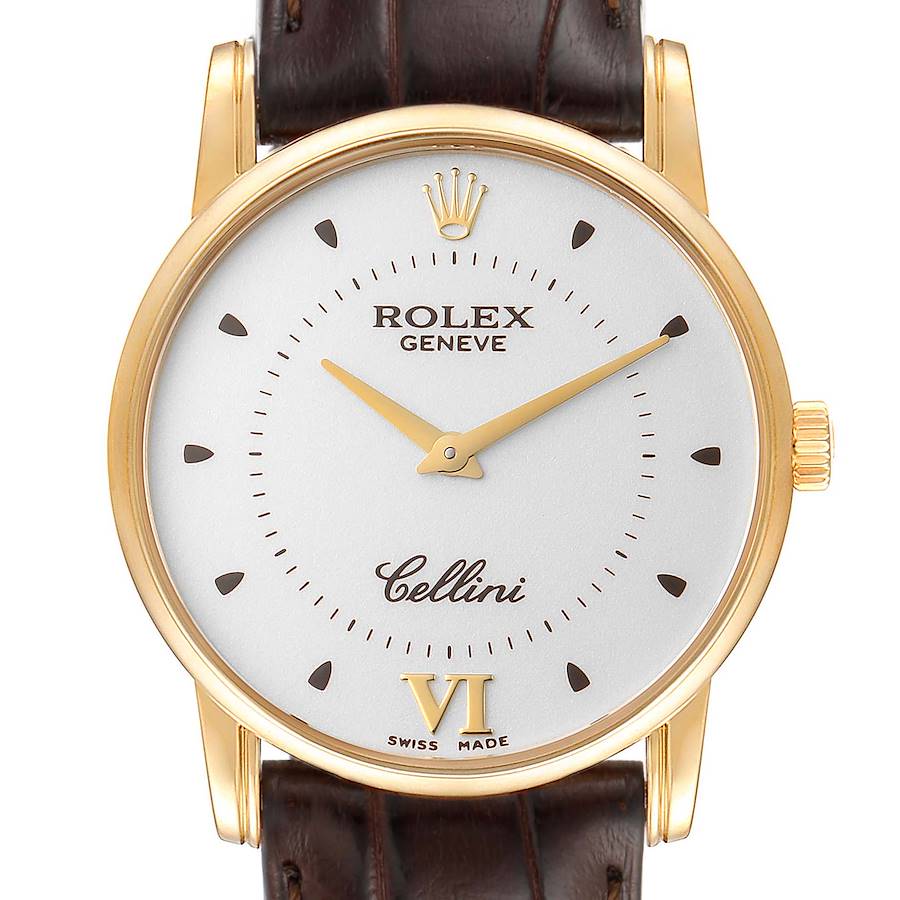 Rolex Cellini Classic 18k Yellow Gold Silver Dial Brown Strap Watch 5116 Box SwissWatchExpo