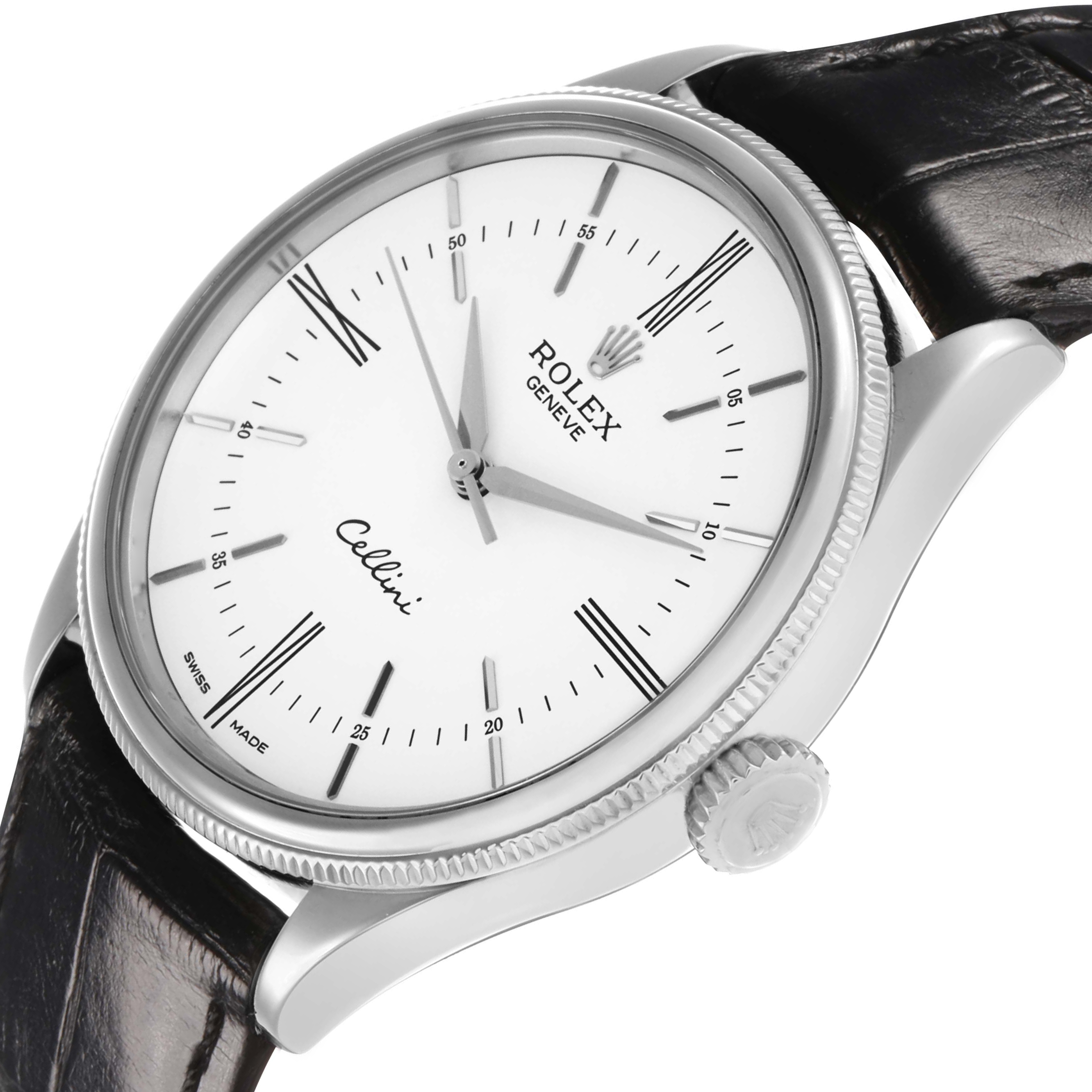 The Rolex Cellini 50509 Men's White Gold White Dial watch is shown at an angle highlighting its face, crown, and leather strap.