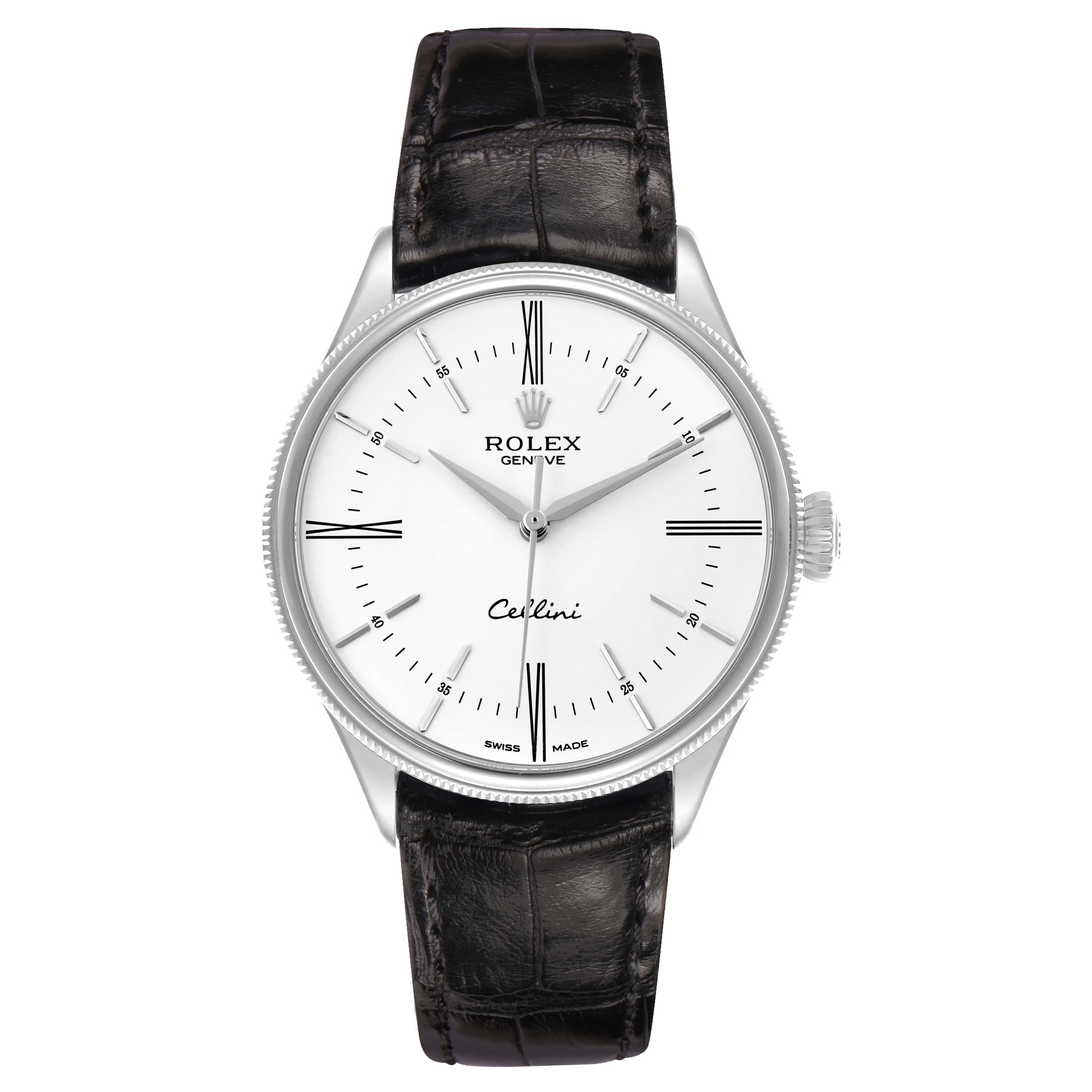 The Rolex Cellini 50509 Men's White Gold White Dial watch is shown from a front angle, featuring the dial, bezel, crown, and leather strap.