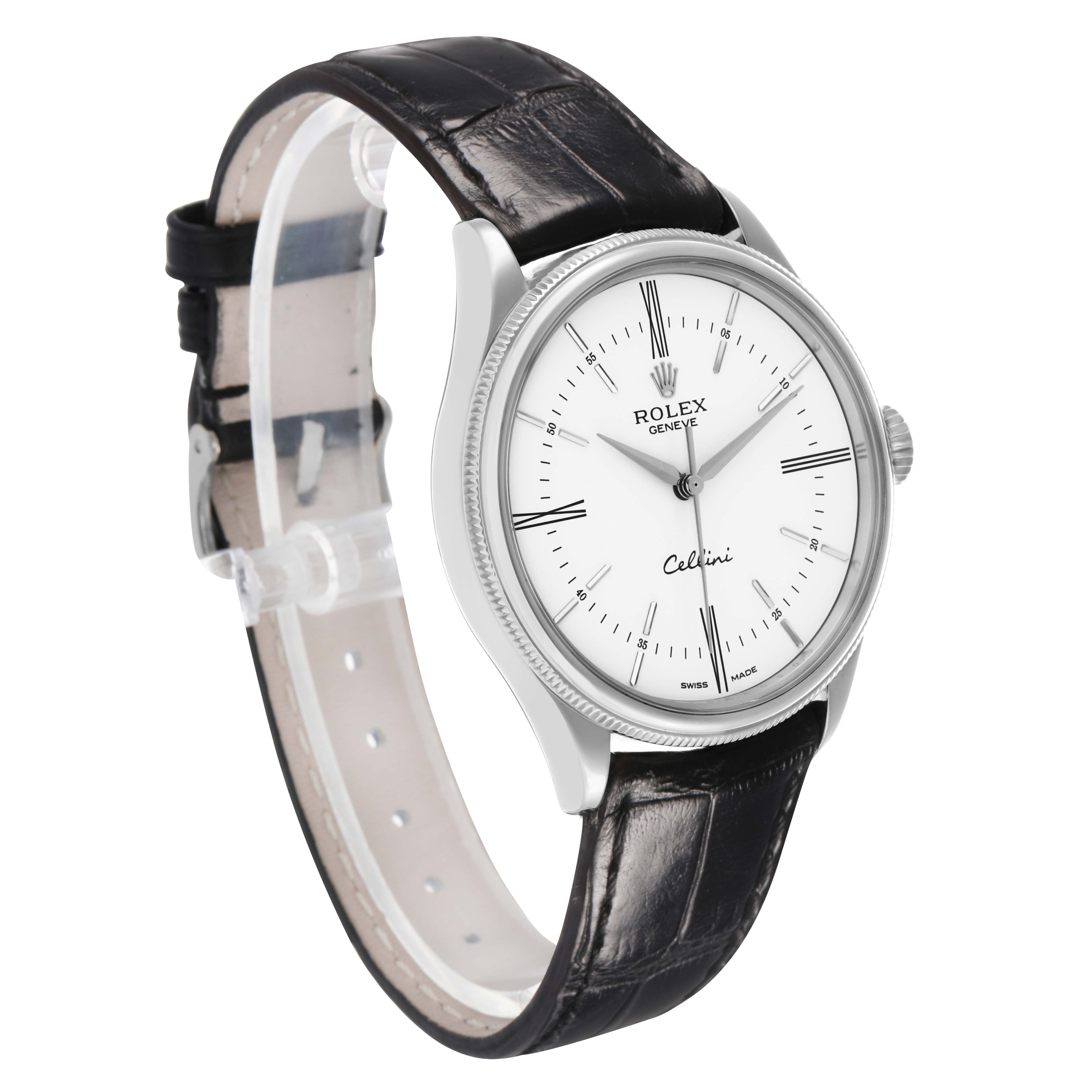 The Rolex Cellini 50509 Men's White Gold White Dial watch is shown at an angled side view, displaying the face, bezel, strap, and crown.