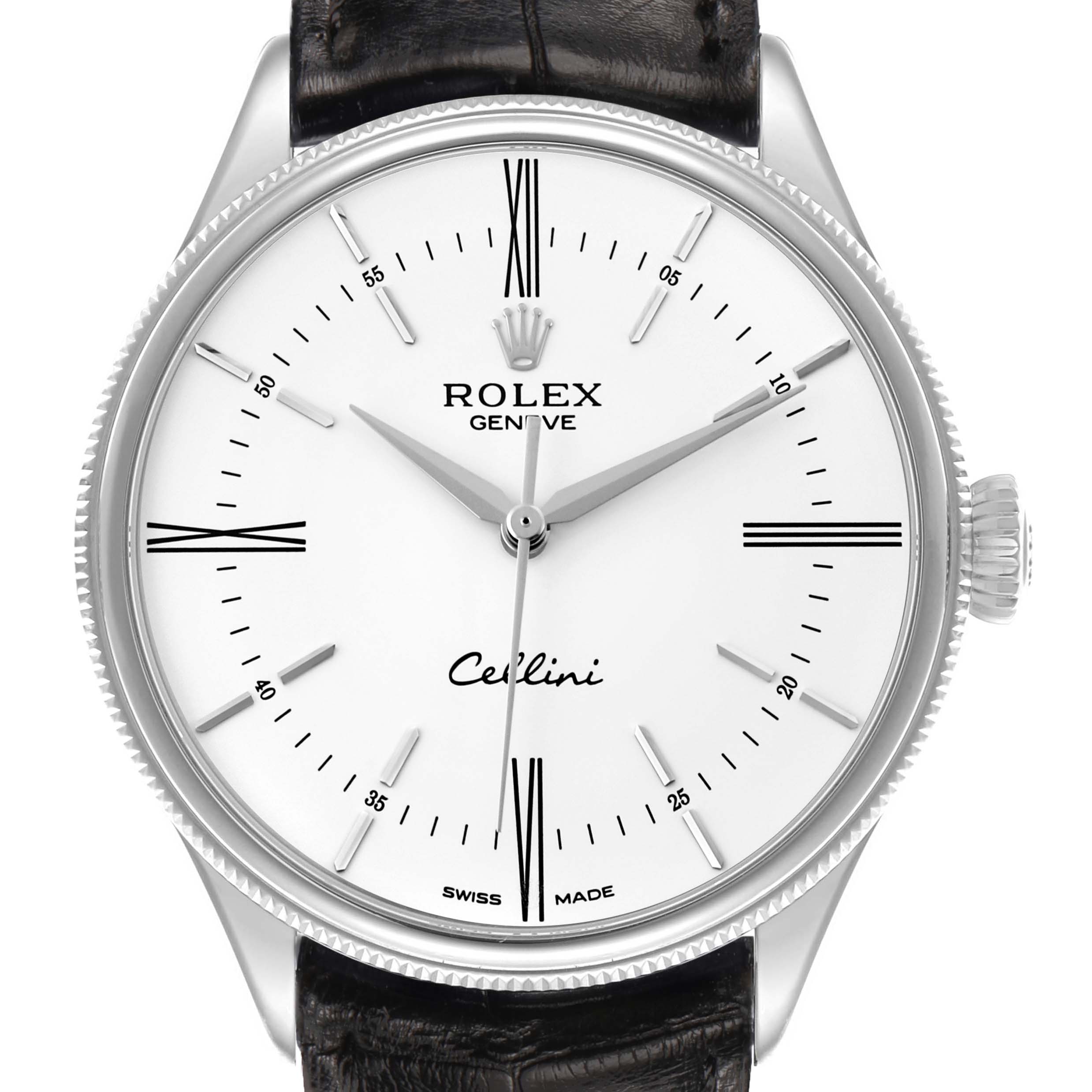 The image shows a front view of a Rolex Cellini 50509 Men's White Gold White Dial watch, highlighting the dial, hands, and leather strap.