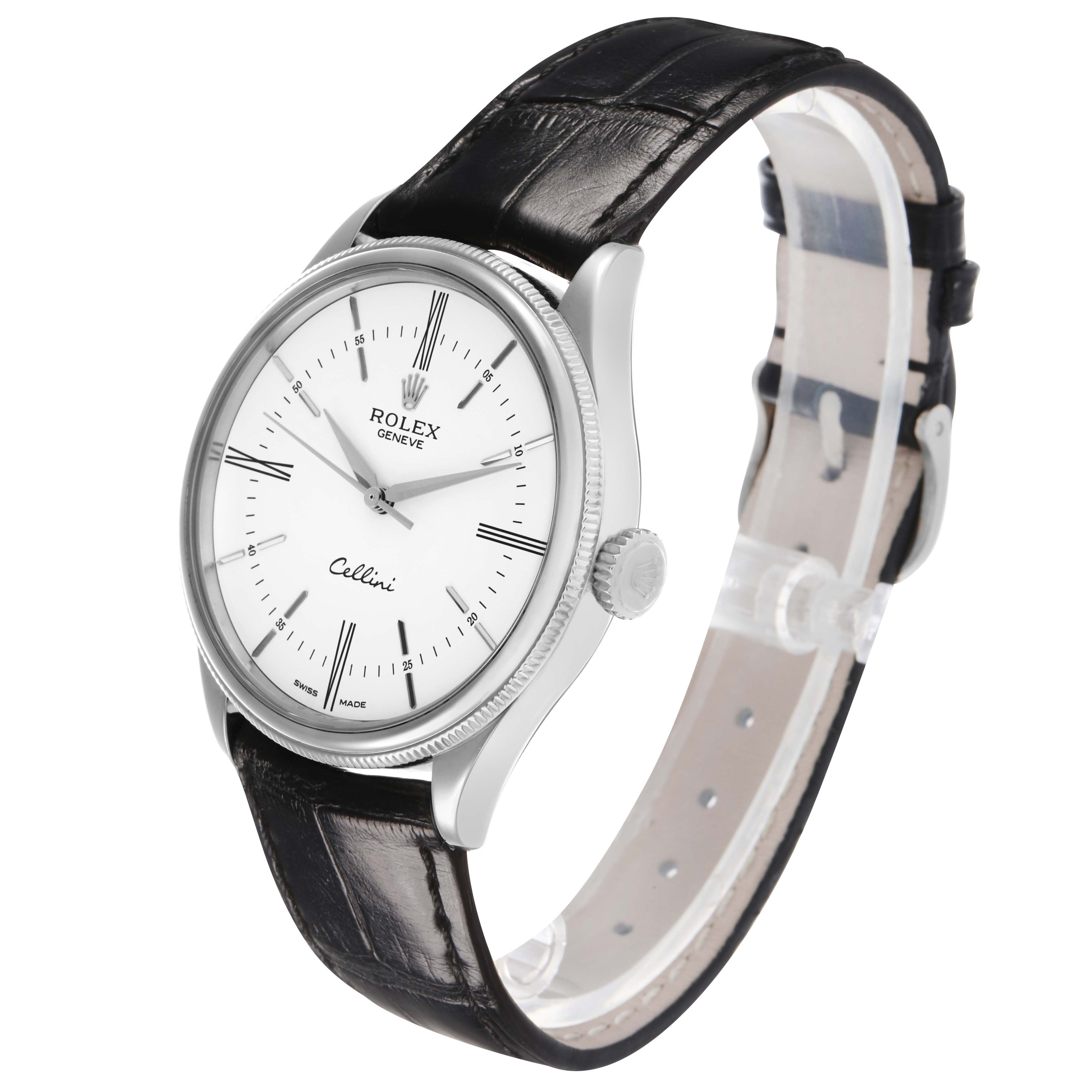 The Rolex Cellini 50509 Men's White Gold White Dial watch is shown at a three-quarter angle, highlighting the face, bezel, crown, and black leather strap.
