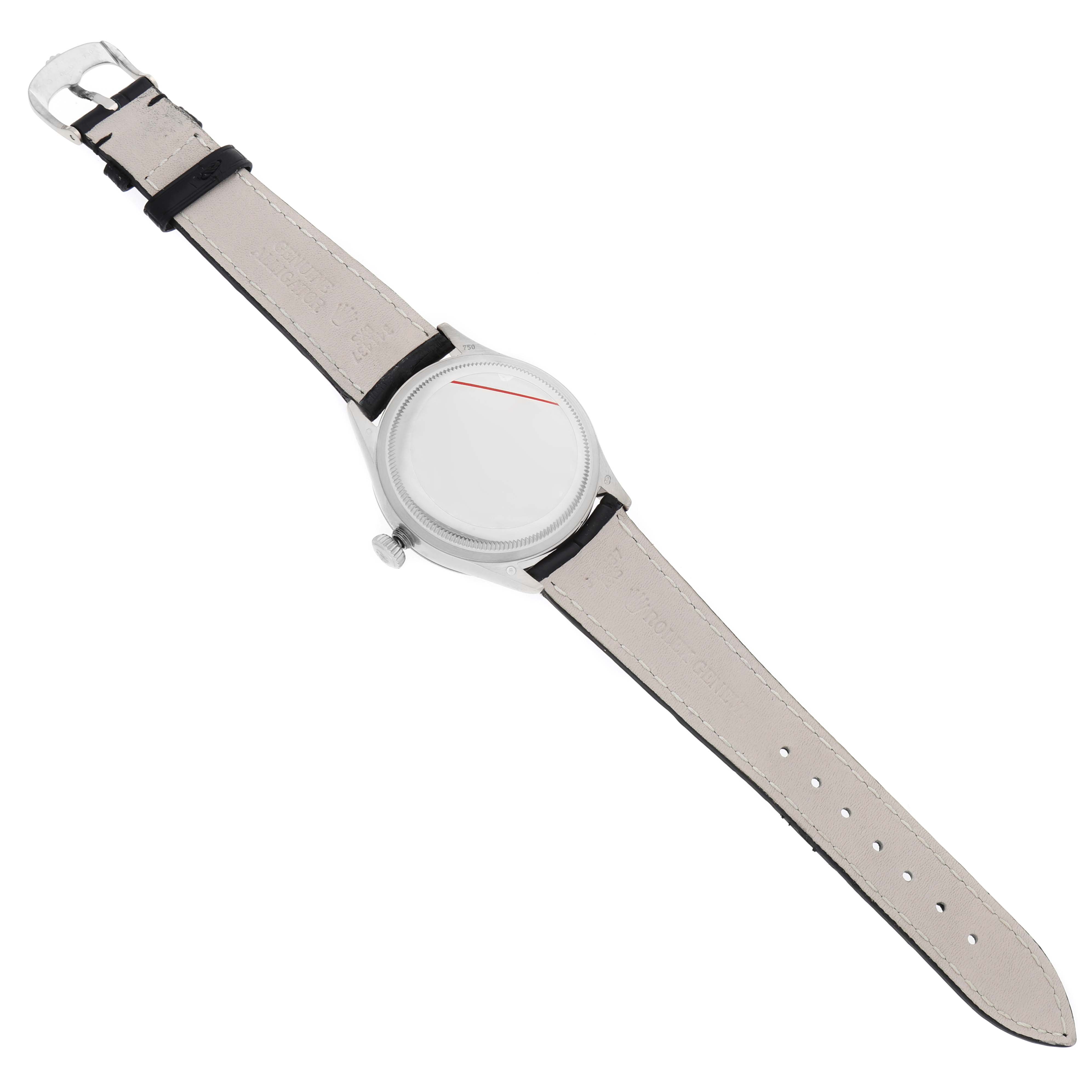 The Rolex Cellini 50509 Men's White Gold White Dial watch is shown from a top-down angle, displaying the back case, leather strap, and clasp.