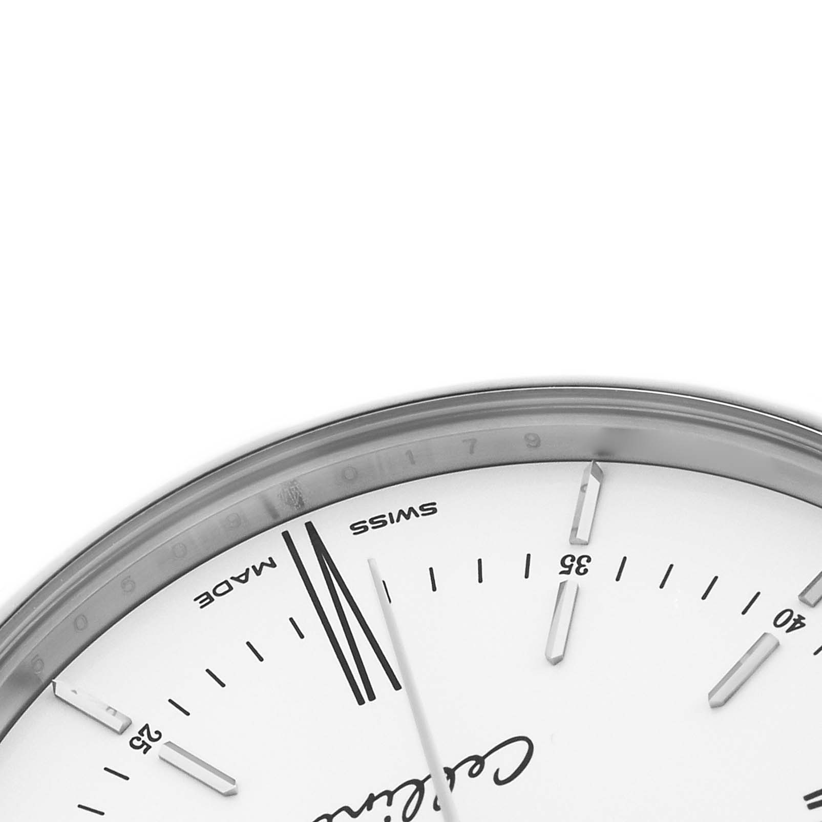 The image shows a close-up angle of the Rolex Cellini 50509 Men's White Gold White Dial watch's dial with markers, hands, and "Swiss Made" text.