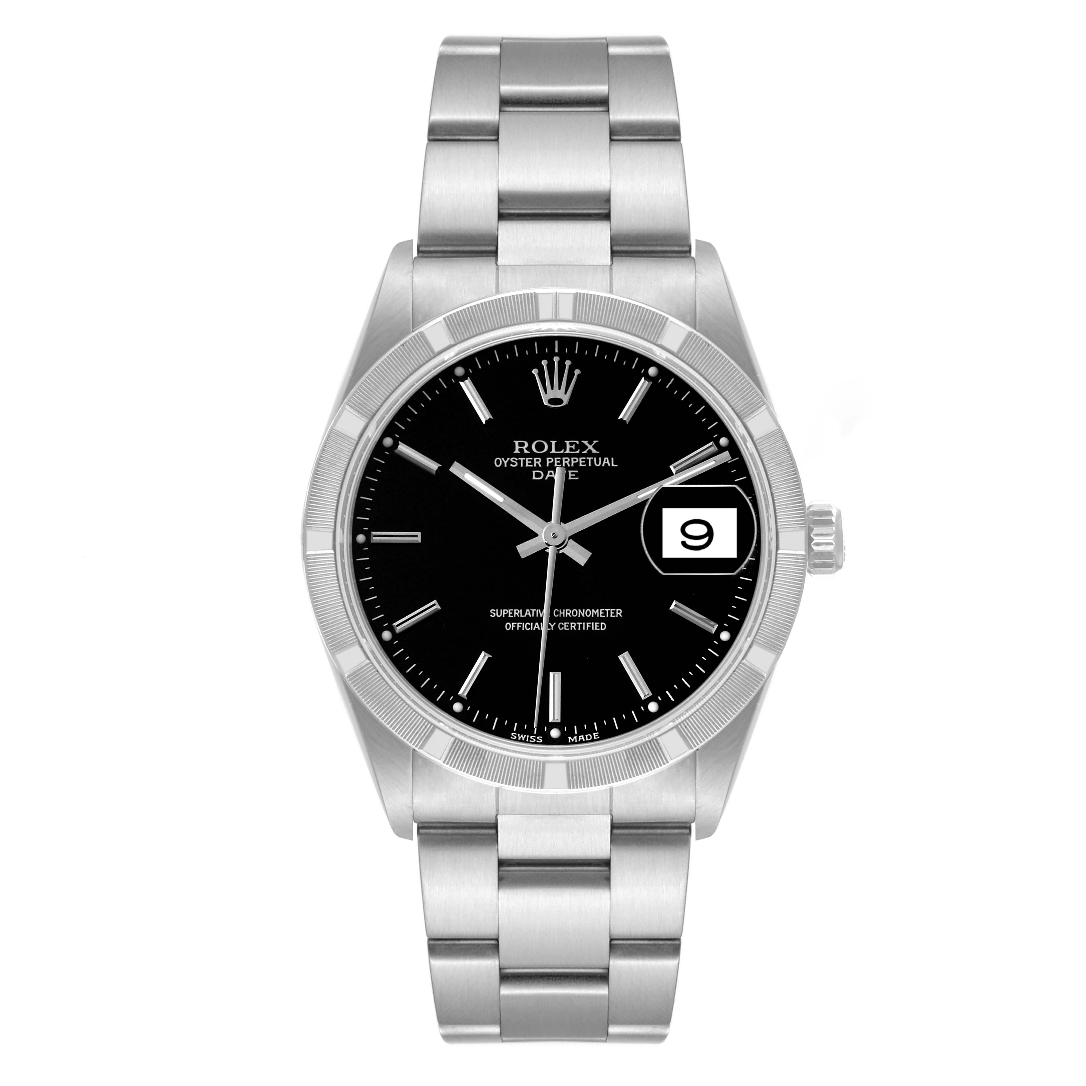 The image shows the front view of a Rolex Date 15210 Men's Stainless Steel Black Dial 15210 Men's Stainless Steel Black Dial model watch, featuring the dial, bezel, and bracelet.