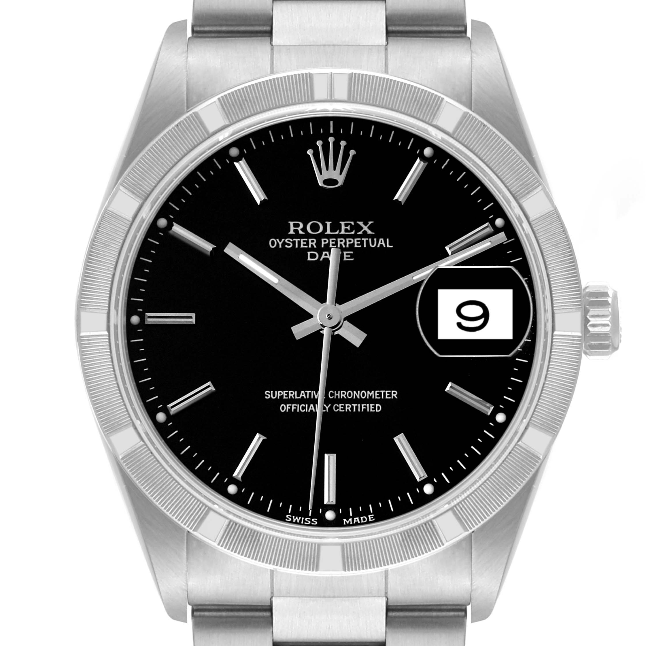 This is a front view of the Rolex Oyster Perpetual Date model watch, showing the black dial, date window, and steel bracelet.