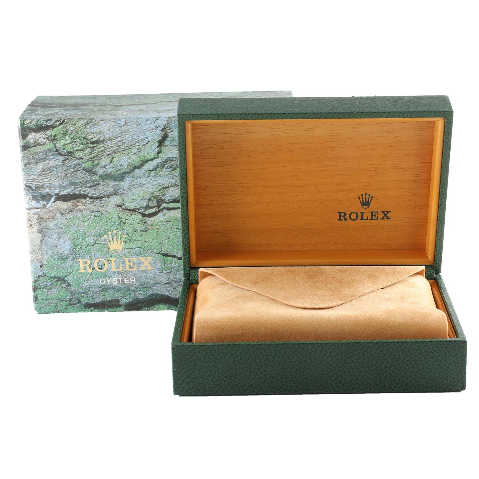 The image shows a Rolex Date 15210 Men's Stainless Steel Black Dial 15210 Men's Stainless Steel Black Dial model watch box, including the outer box and inner green textured case with a wooden interior.