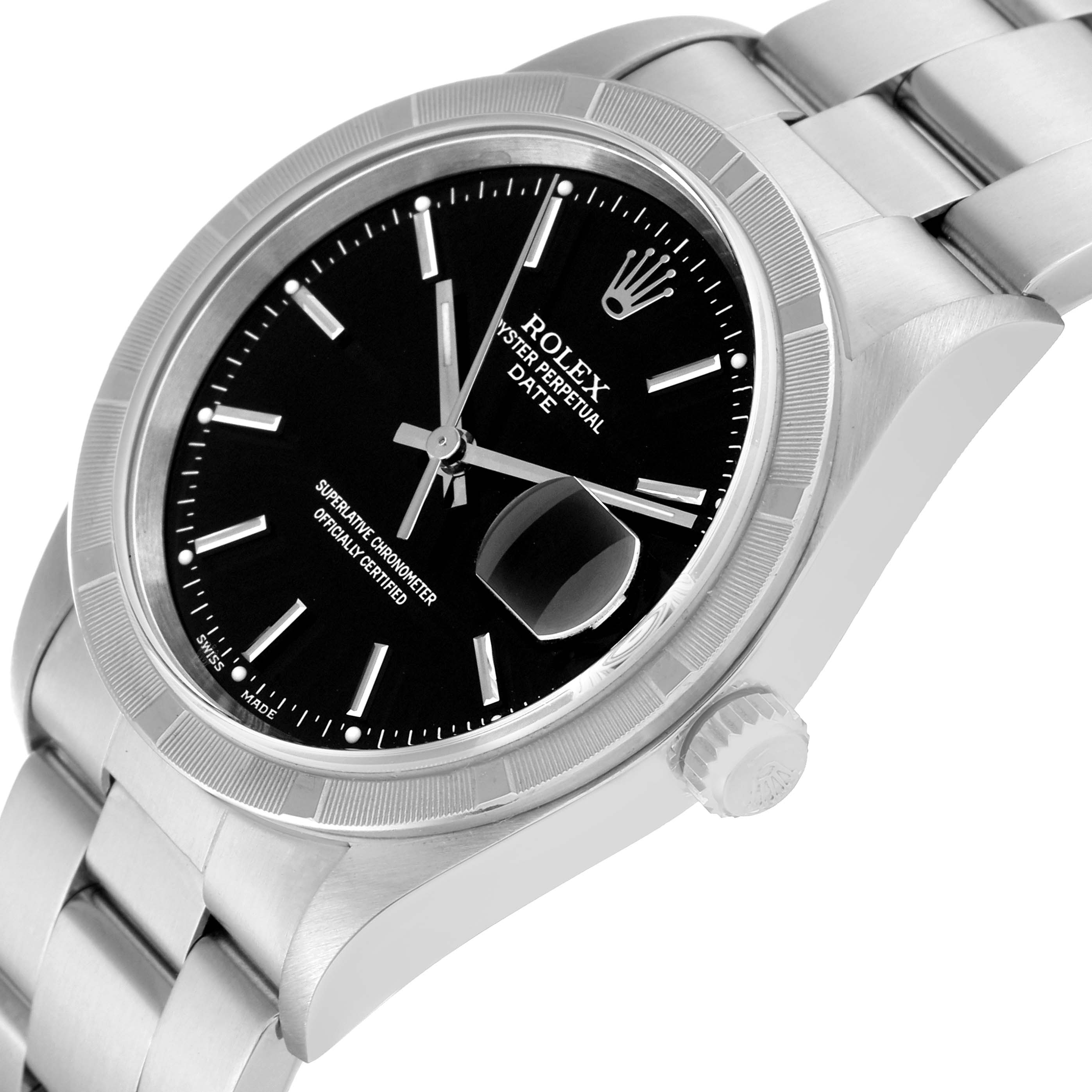 This image shows a Rolex Date 15210 Men's Stainless Steel Black Dial 15210 Men's Stainless Steel Black Dial model watch from a side angle, highlighting the dial, case, bezel, bracelet, and crown.