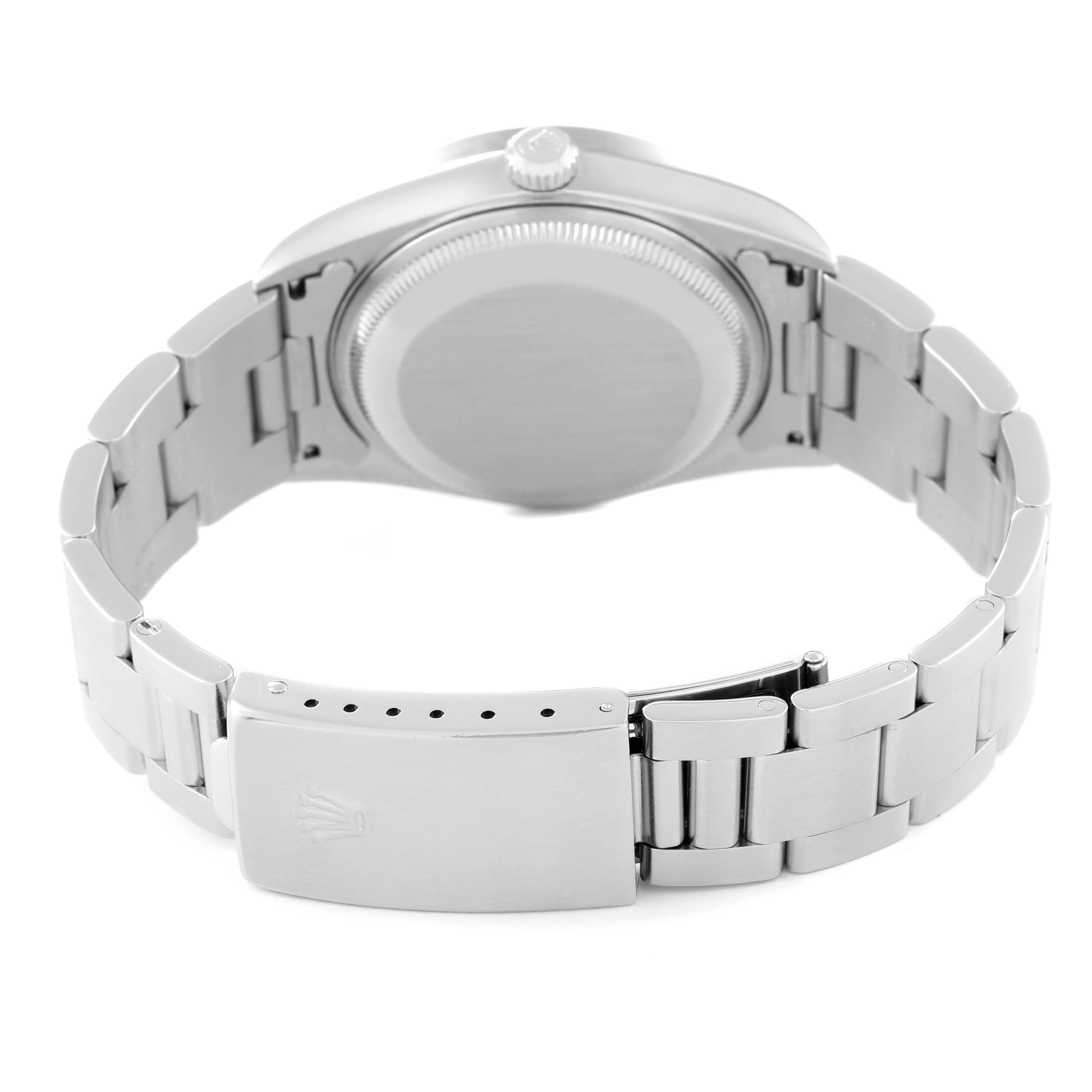 This image shows the back case and clasp of the Rolex Date 15210 Men's Stainless Steel Blue Dial 15210 Men's Stainless Steel Blue Dial model watch, including its metallic bracelet.