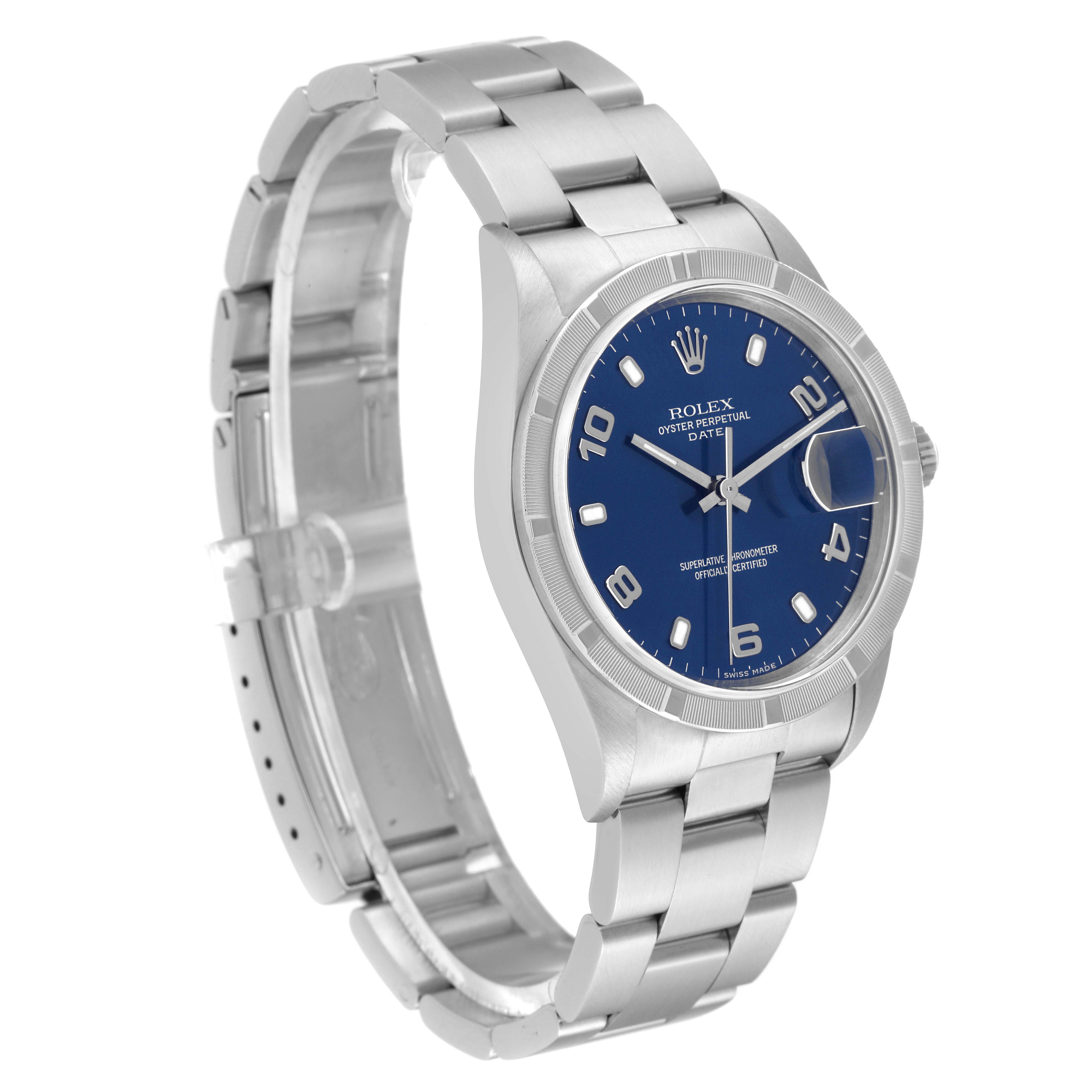 The Rolex Date 15210 Men's Stainless Steel Blue Dial 15210 Men's Stainless Steel Blue Dial model watch is shown from a three-quarter angle, displaying the face, bracelet, bezel, and case.