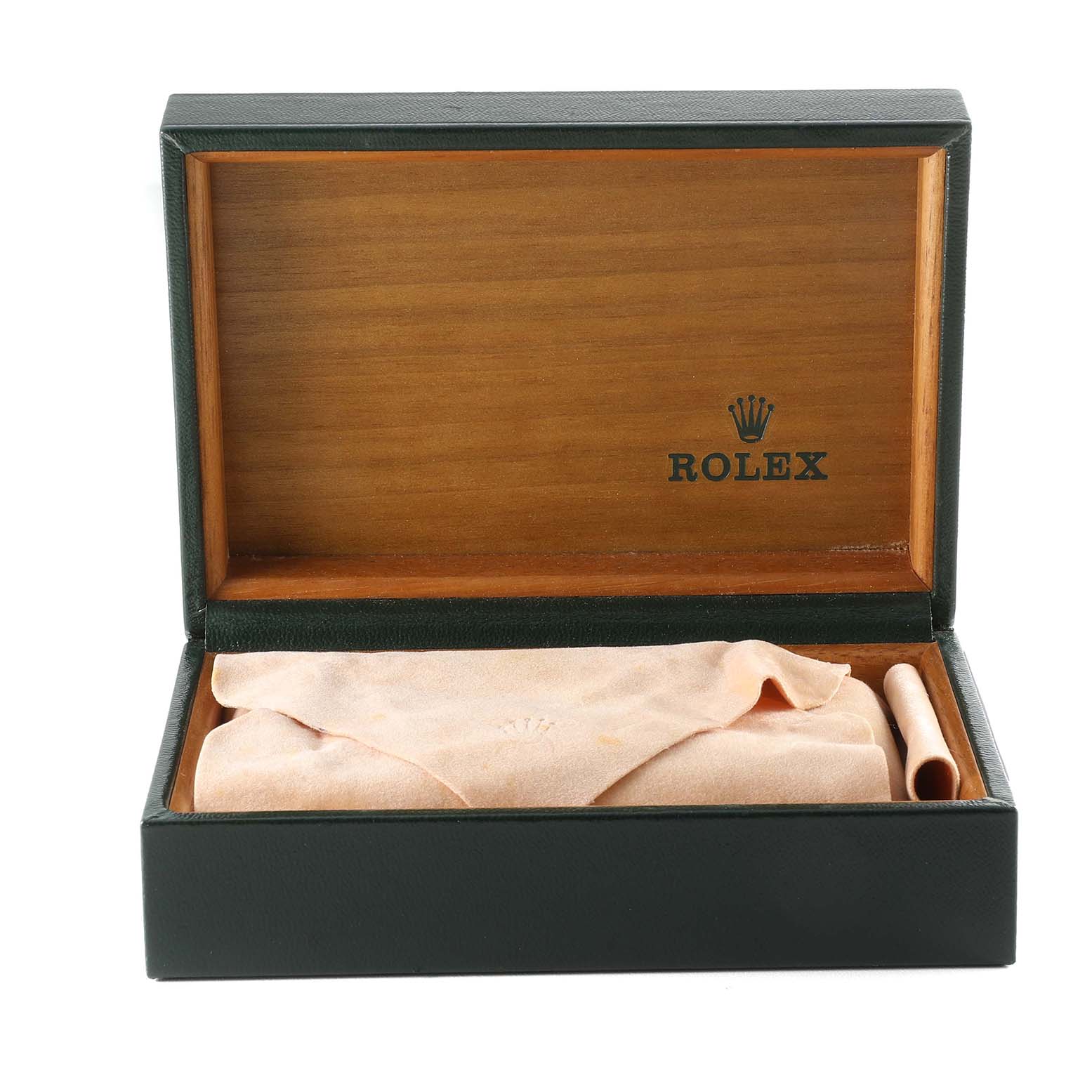 The image shows an open Rolex Date 15210 Men's Stainless Steel Blue Dial 15210 Men's Stainless Steel Blue Dial model watch box made of wood and leather with a cloth and other padding inside.