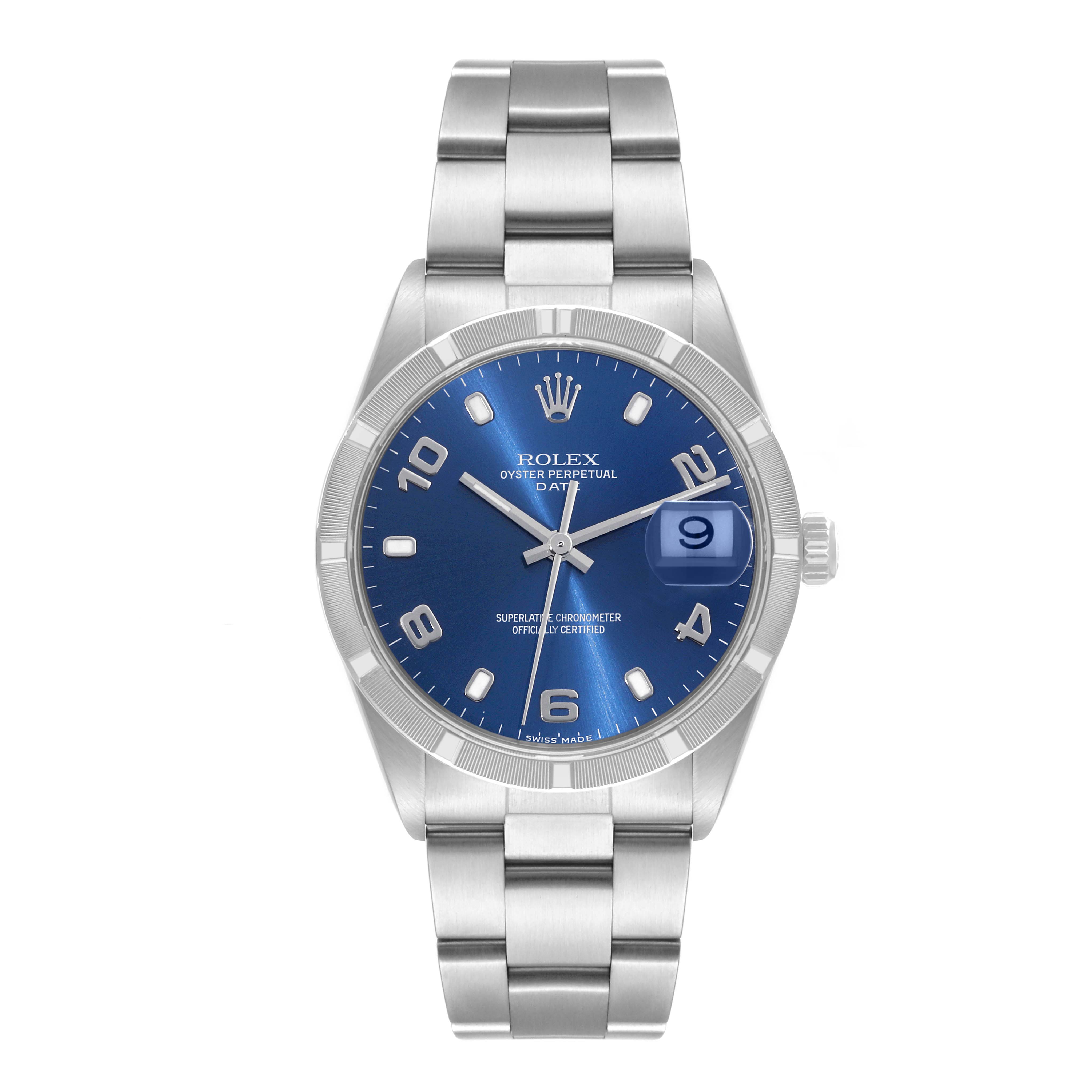 The image shows a Rolex Date 15210 Men's Stainless Steel Blue Dial 15210 Men's Stainless Steel Blue Dial model watch with a blue dial, silver bracelet, and date window at 3 o'clock, viewed from the front.